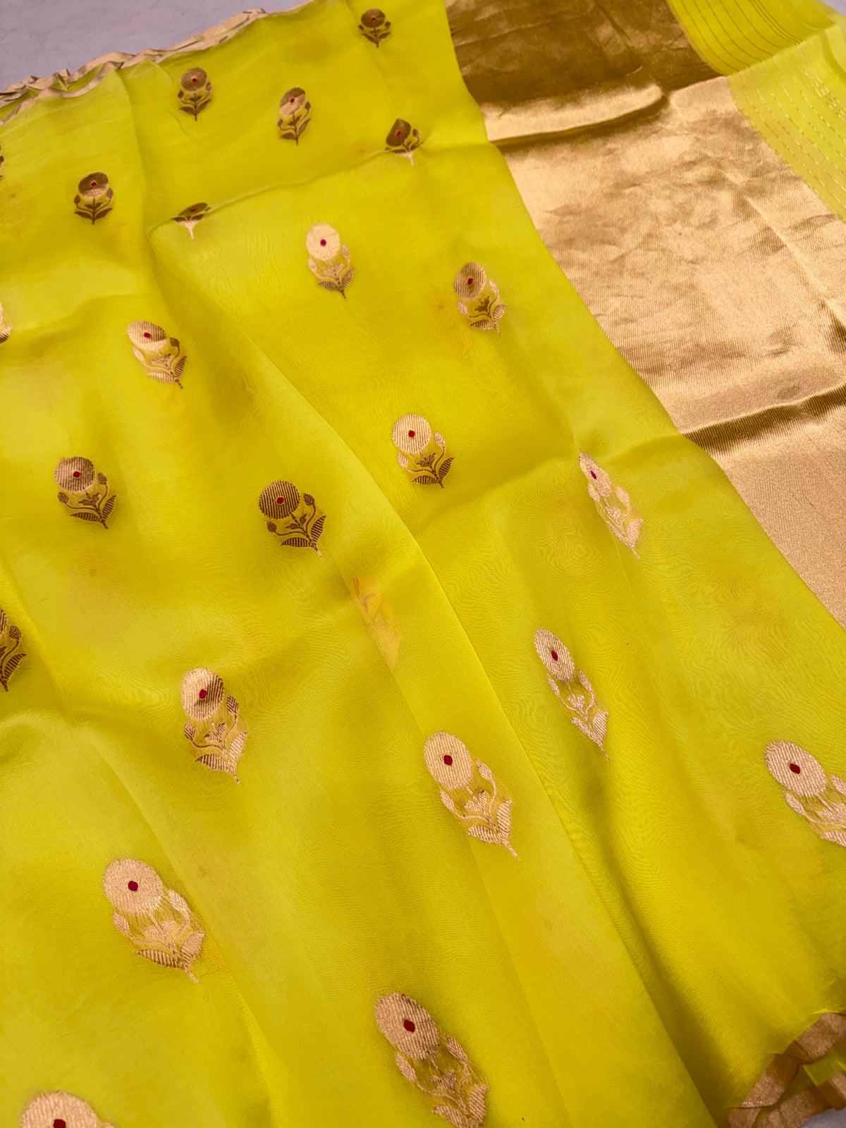 Neon Green Borderless Meena Handloom Banarasi Kora Silk Saree