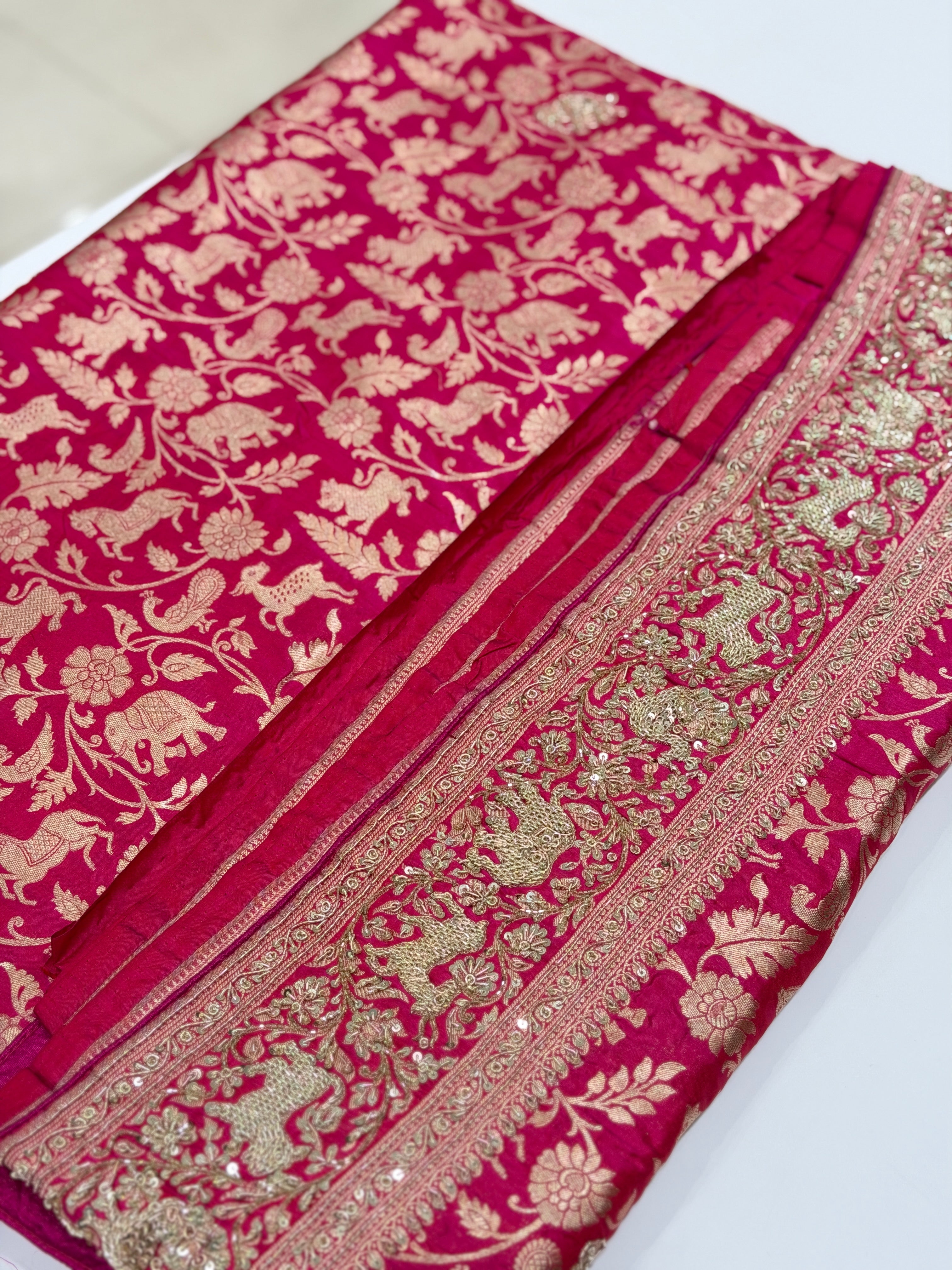 Rani Pink Banarasi Shikara Zardosi Hand Embroidery Saree
