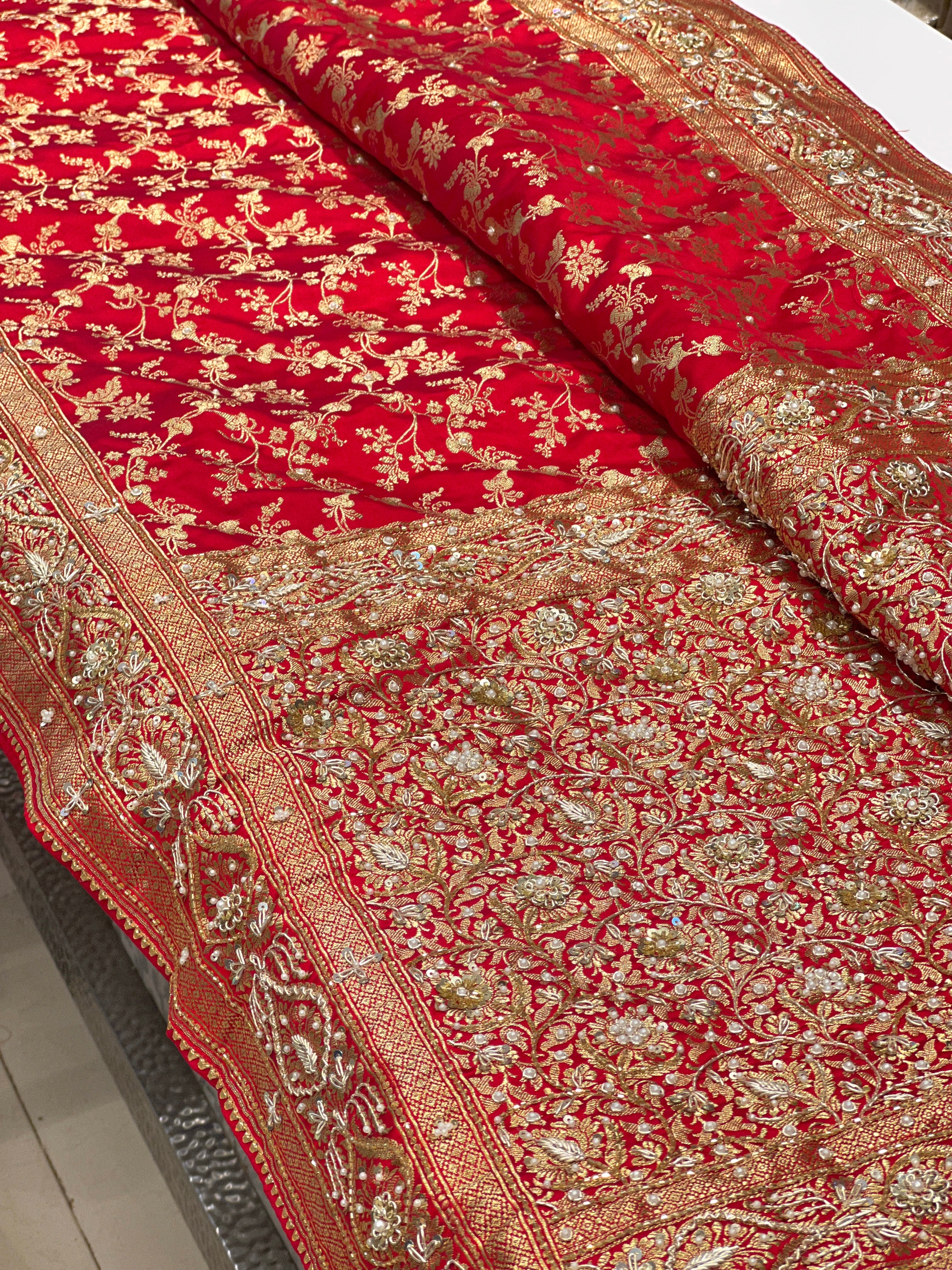 Red Banarasi Bloom Border Hand Embroidery Saree