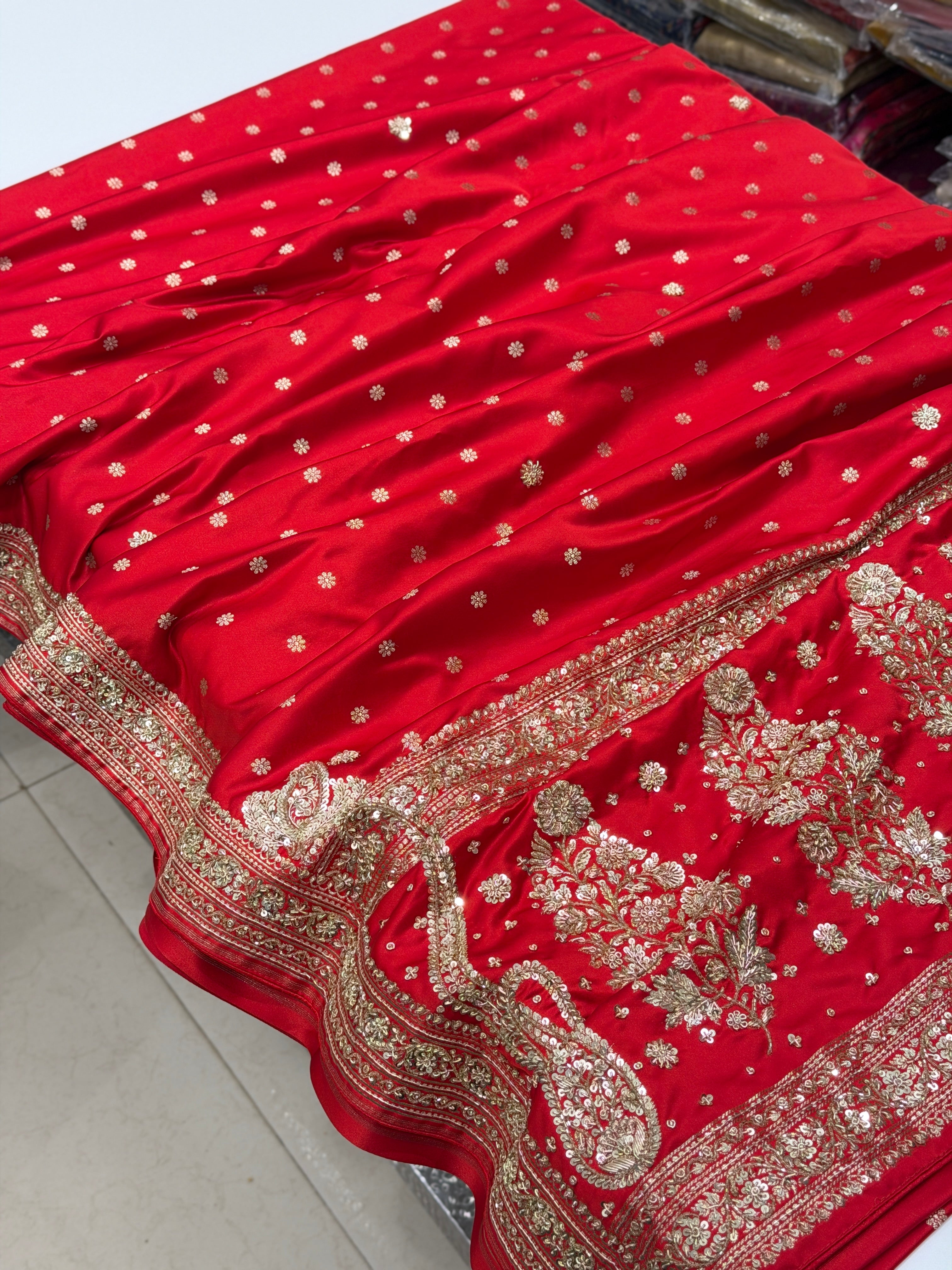 Red Banarasi Star Butti Hand Done Zardozi Saree