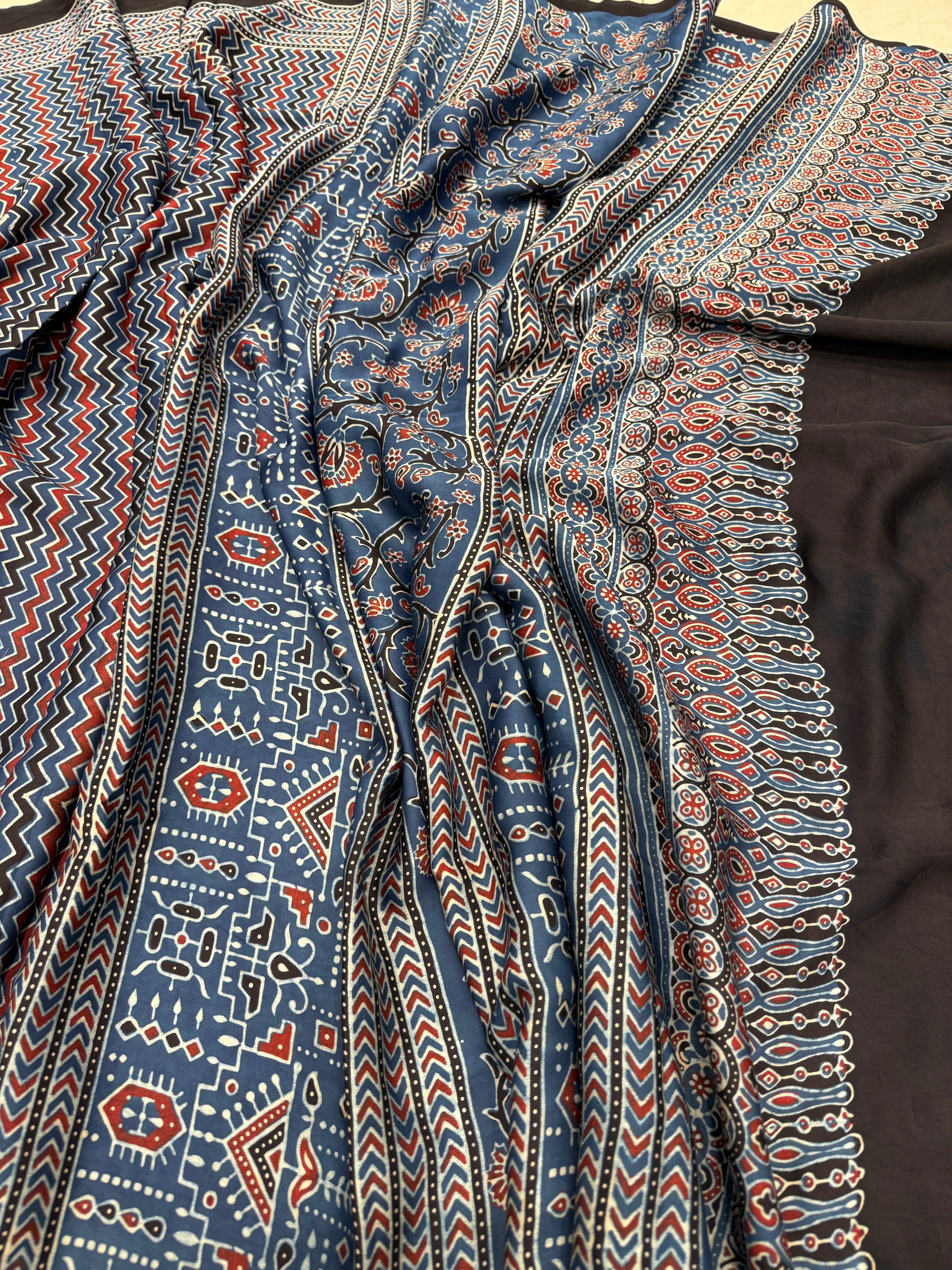 Blue Zig Zag Ajrakh Modal Gajji Silk Saree