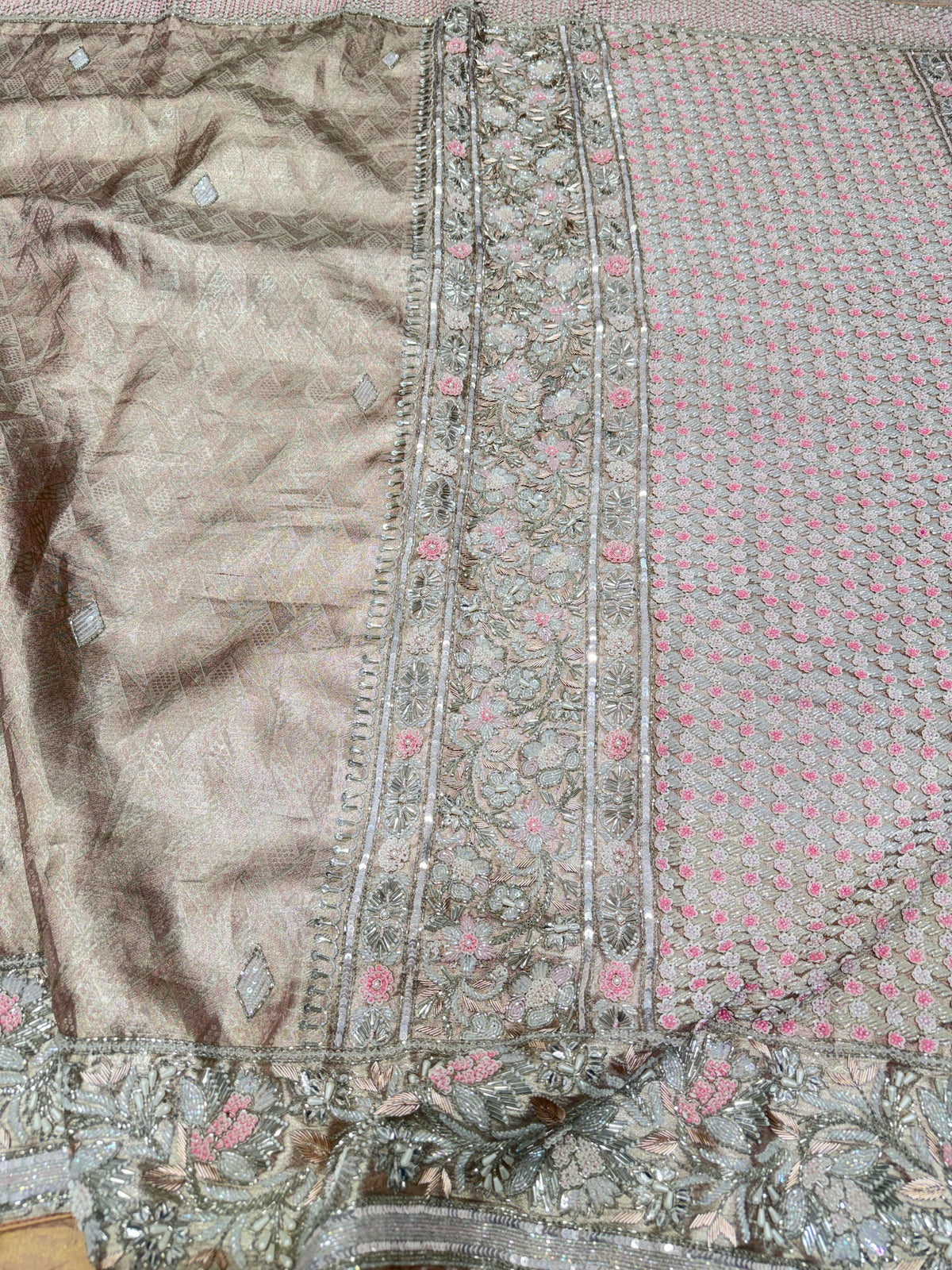 Nude Peachish Pink Silver Kanjivaram Three Zari Hand Embroidery Zardosi Moti Sequin Saree