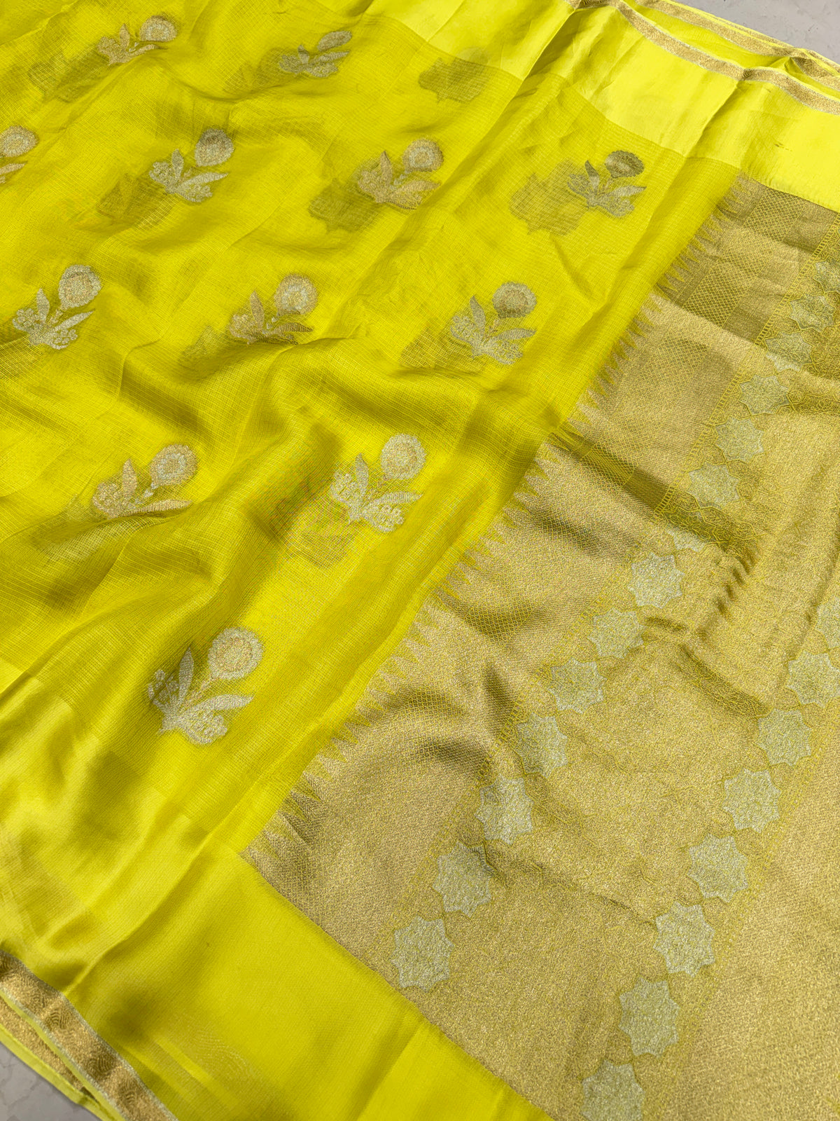 Neon Green Buttas Manipuri Kota Silk Saree