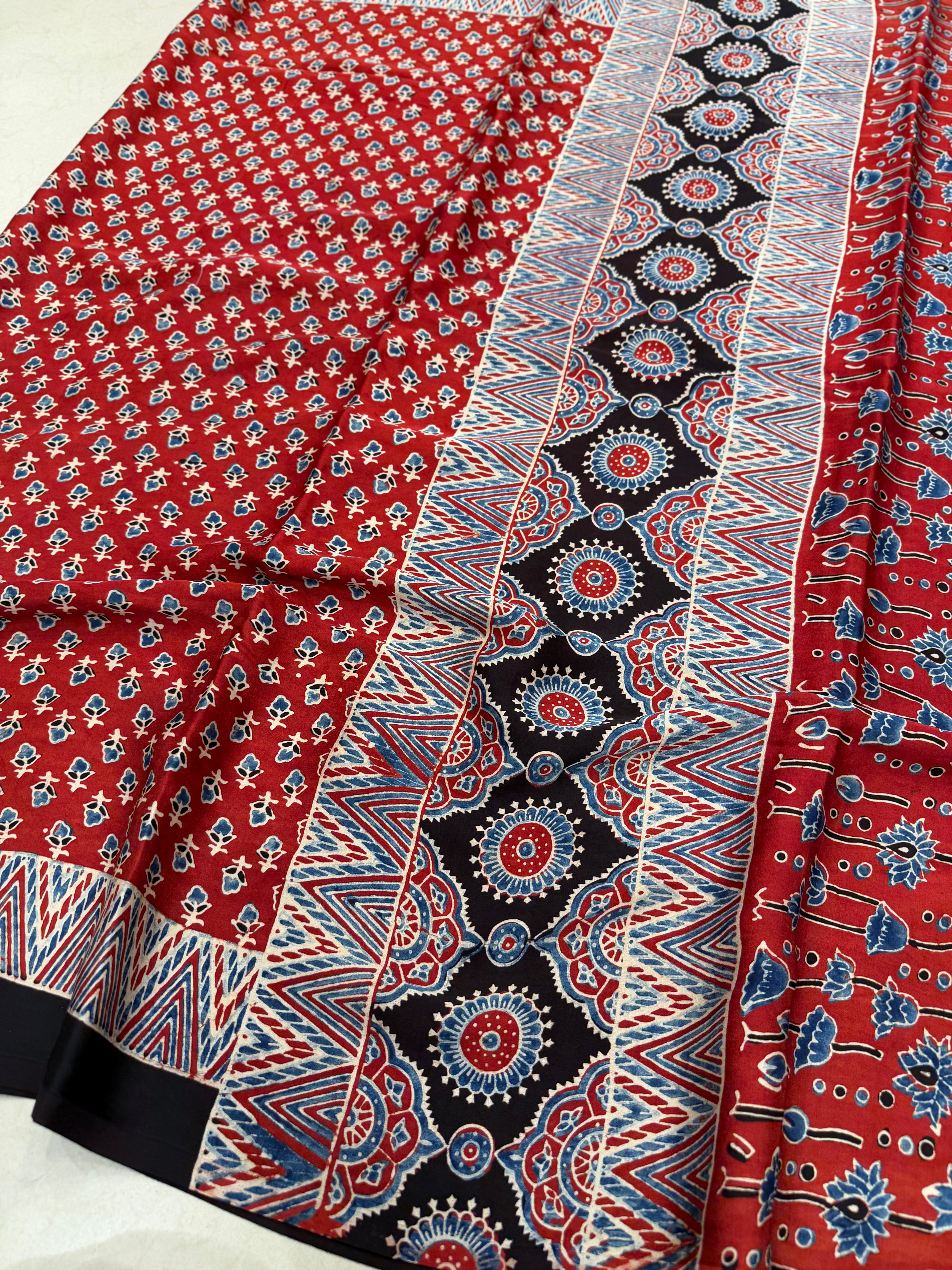 Red Bud Buttis Ajrakh Hand Block Print Pure Modal Silk Saree
