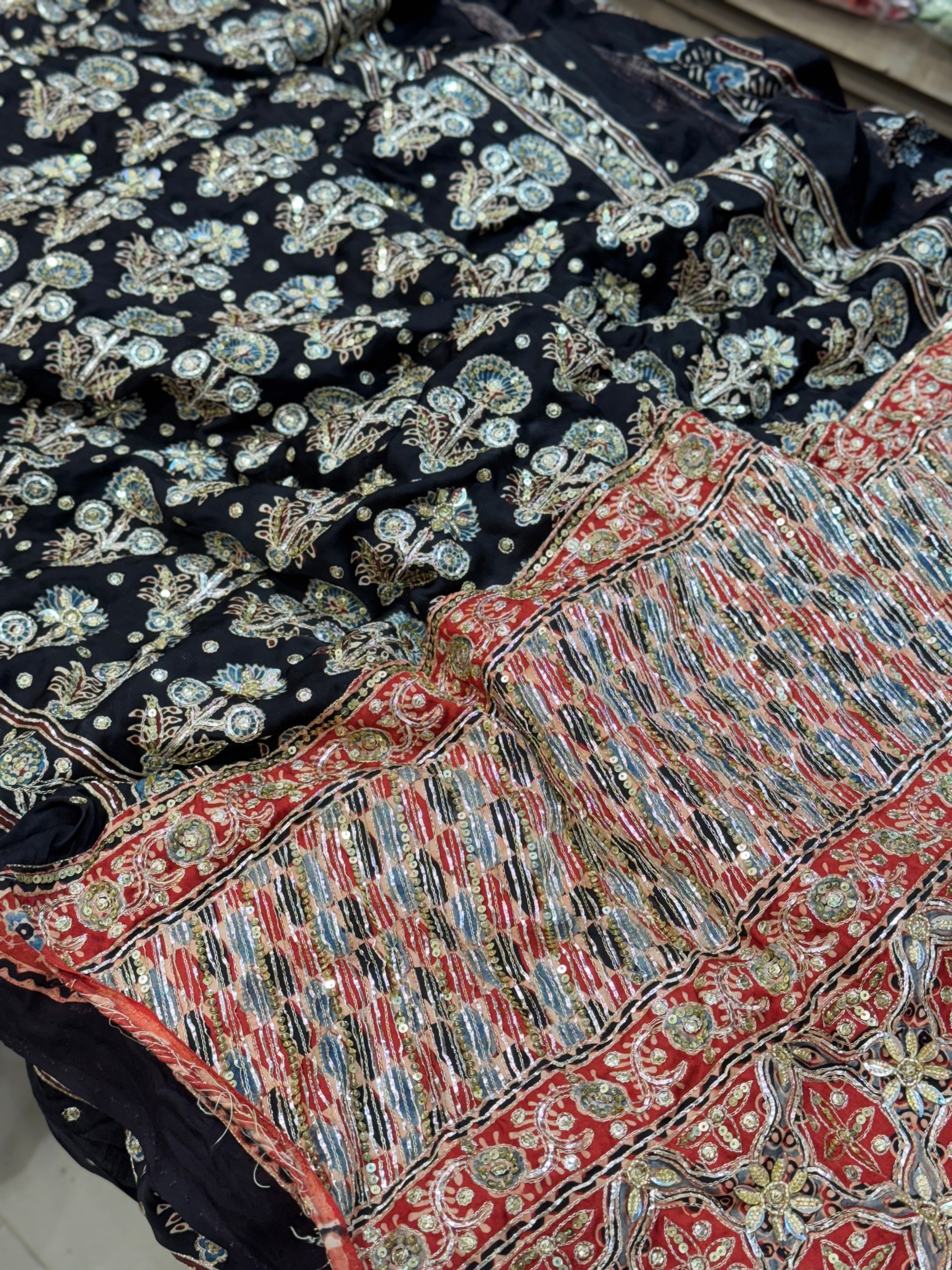 Black Red Pallu Floral Buttas Ajrakh Hand Embroidery Saree