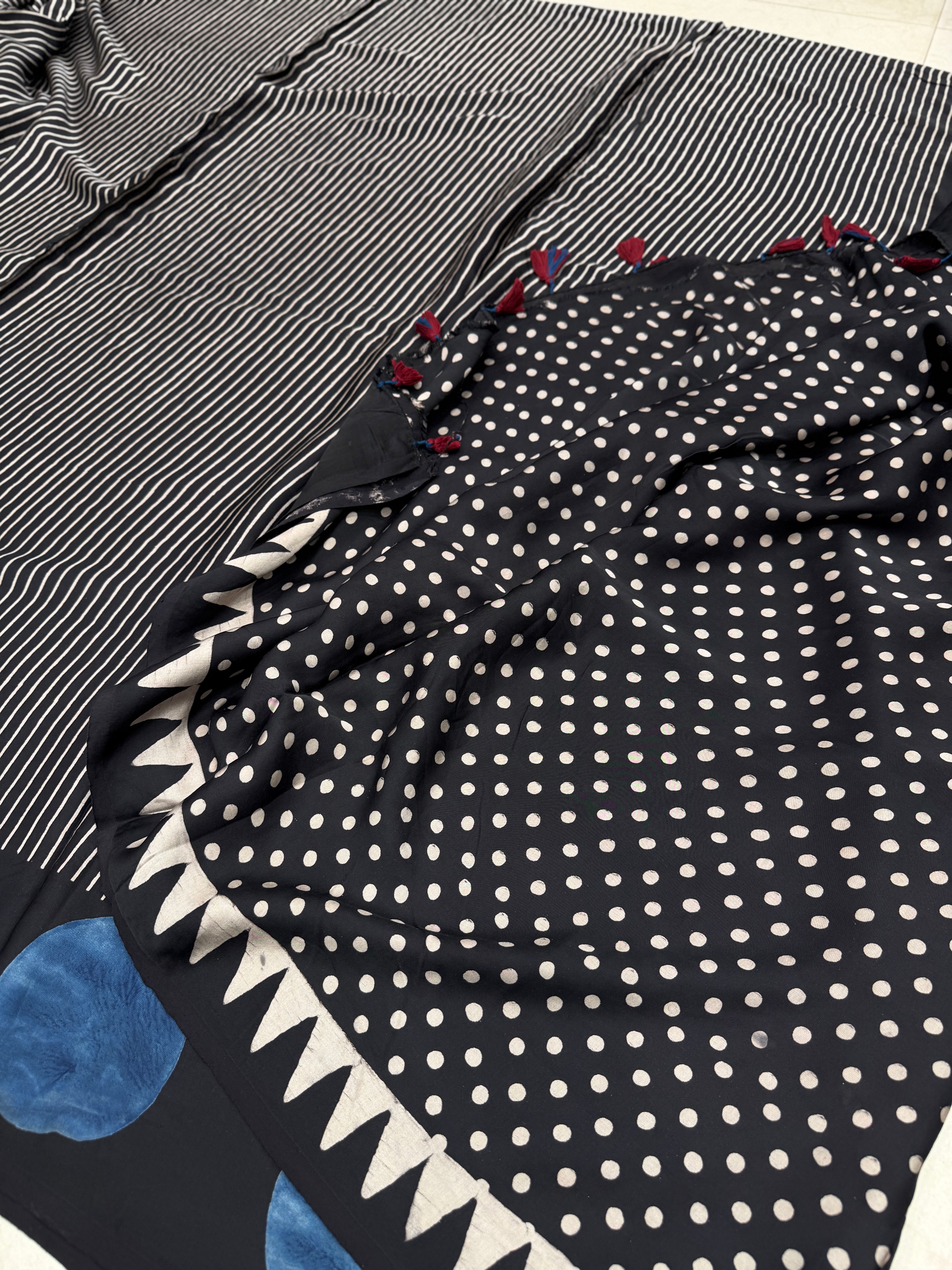 Black Contemporary Moon Border Ajrakh Block Print Hand Pure Gajji Silk Saree