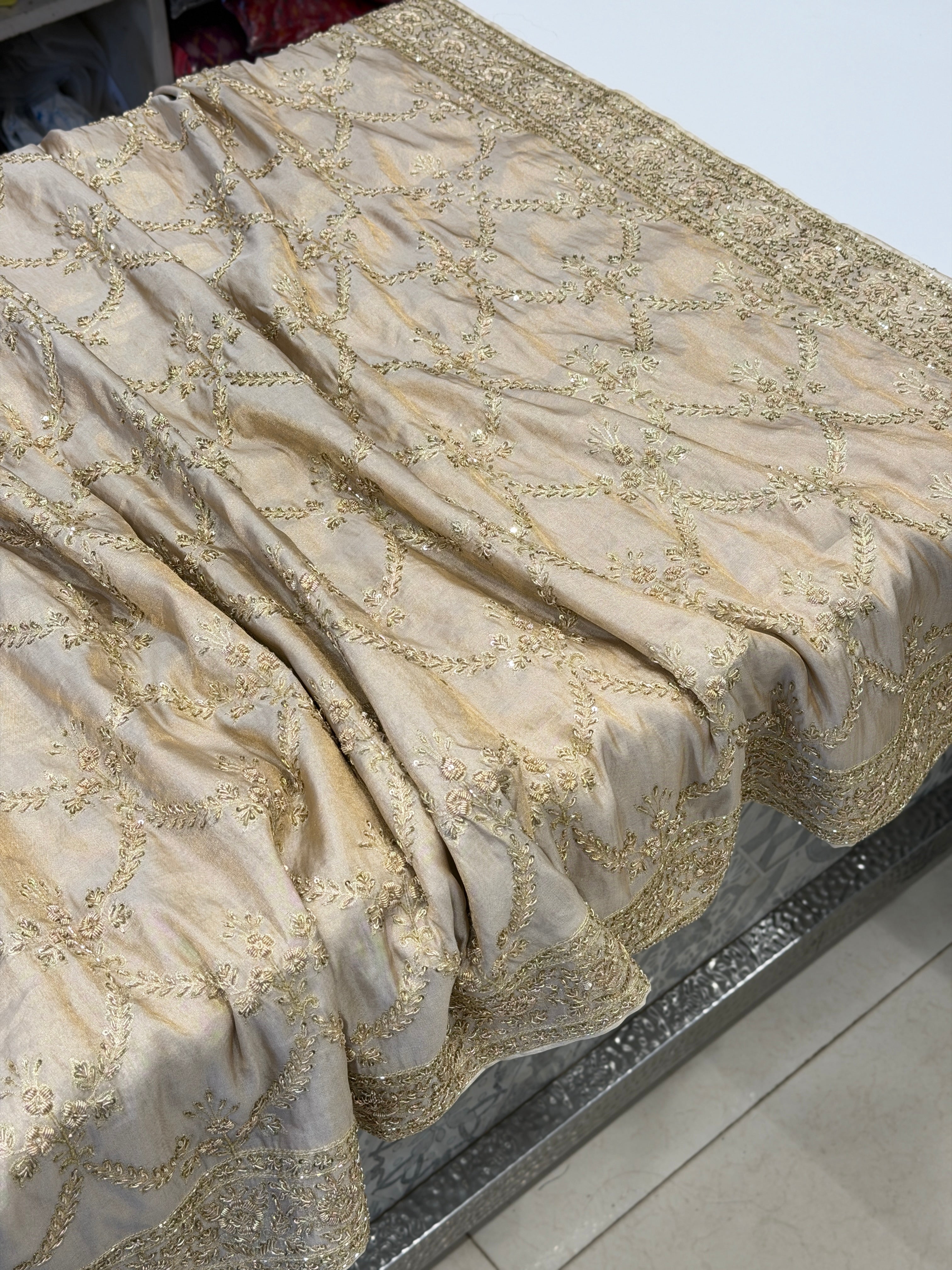 Ivory Tissue Zardosi Crown Jaal Hand Embroidery Saree