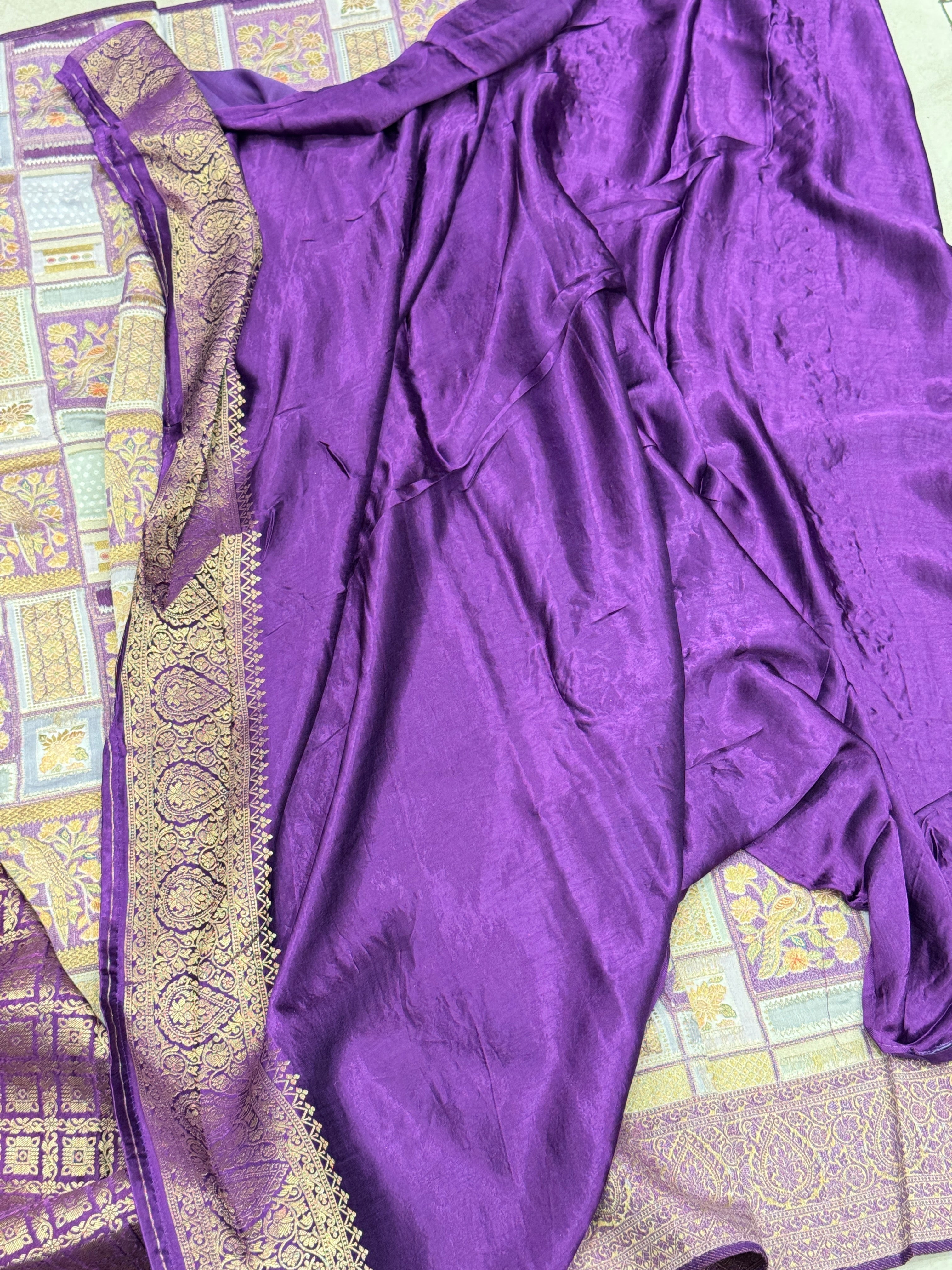 Violet Banarasi Modal Rangkat Satin Checkered Silk Saree