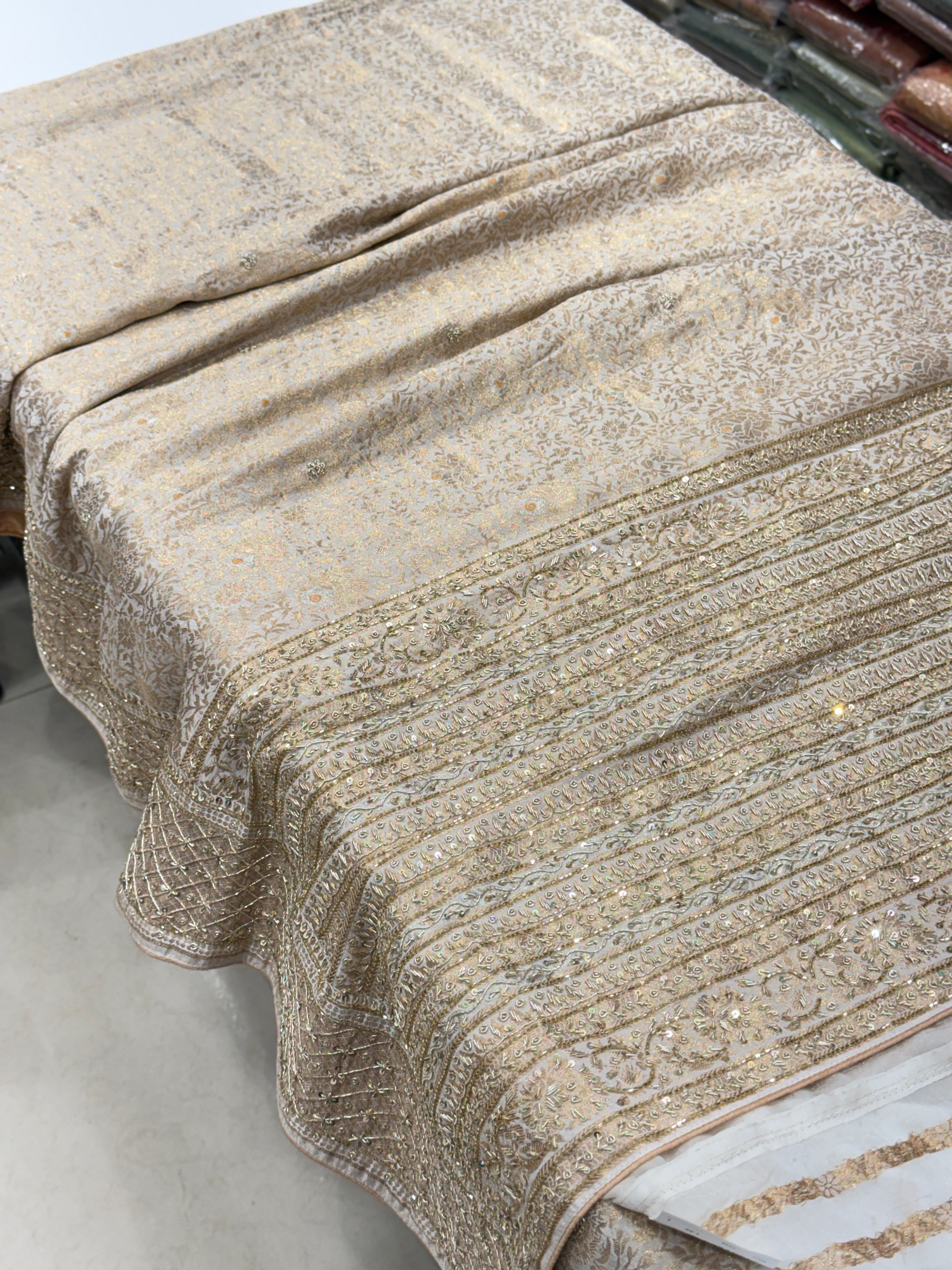 Beige Banarasi Crepe Tissue Zardosi Hand Embroidery Saree