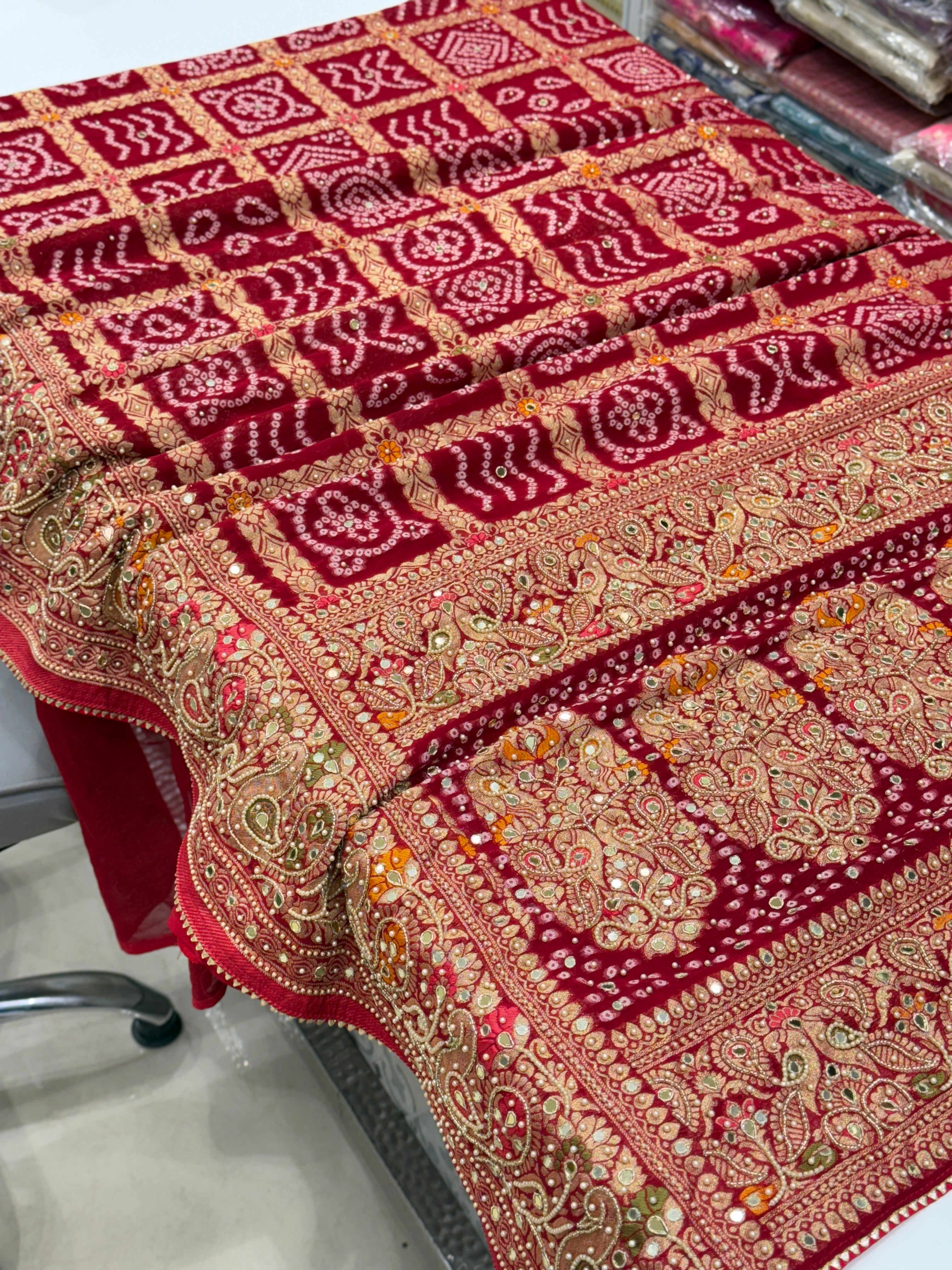 Red Gharchola Moti Hand Embroidery Saree