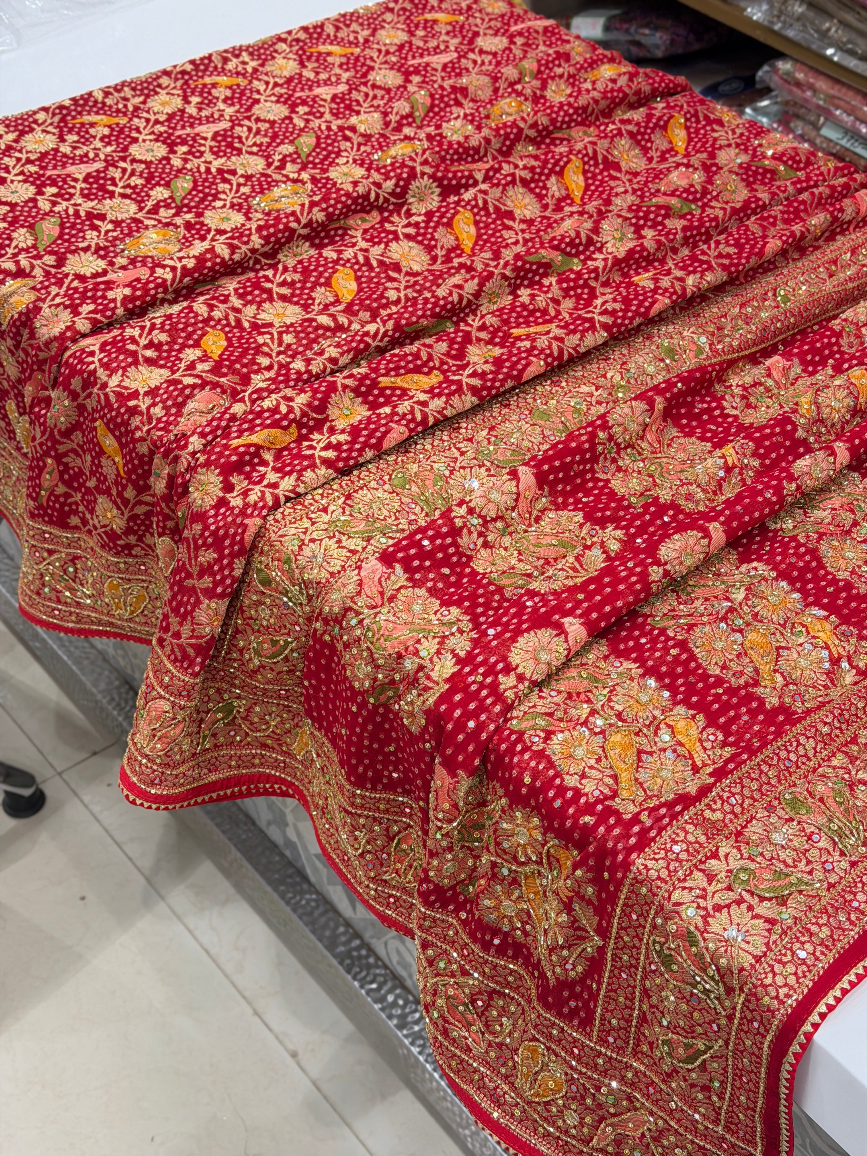 Red Woven Bandhej Banarasi Khaddi Georgette Parrot Motif Hand Embroidery Saree