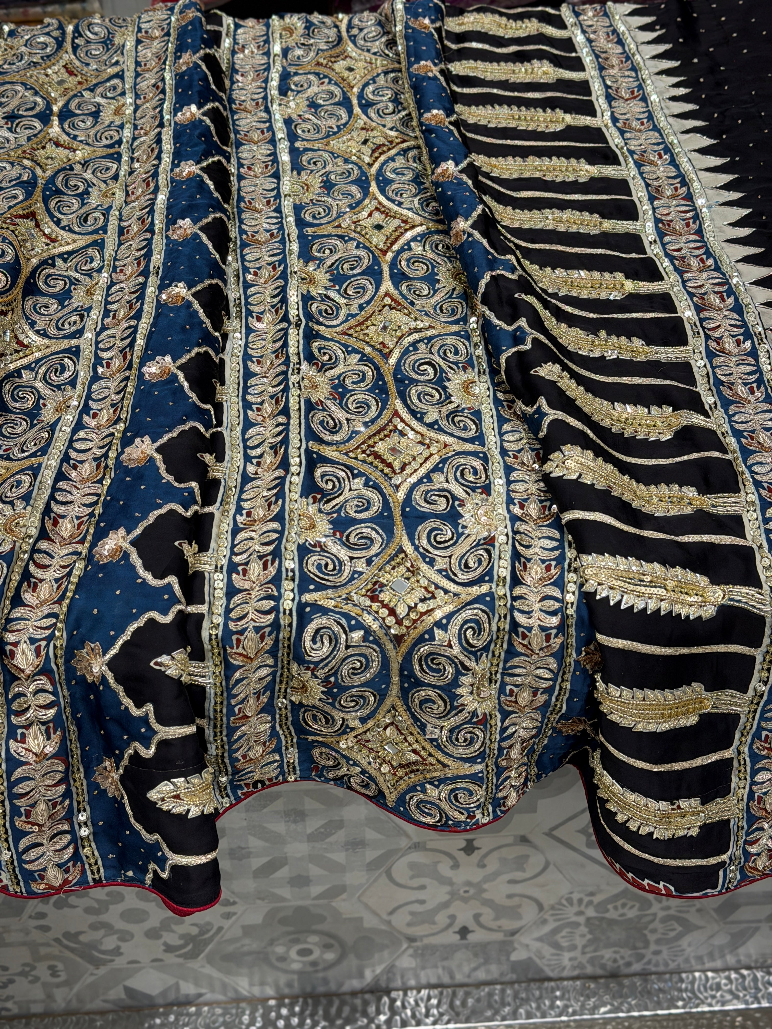Blue Buttas Pita Zardosi Sequin Ajrakh Hand Embroidery Saree