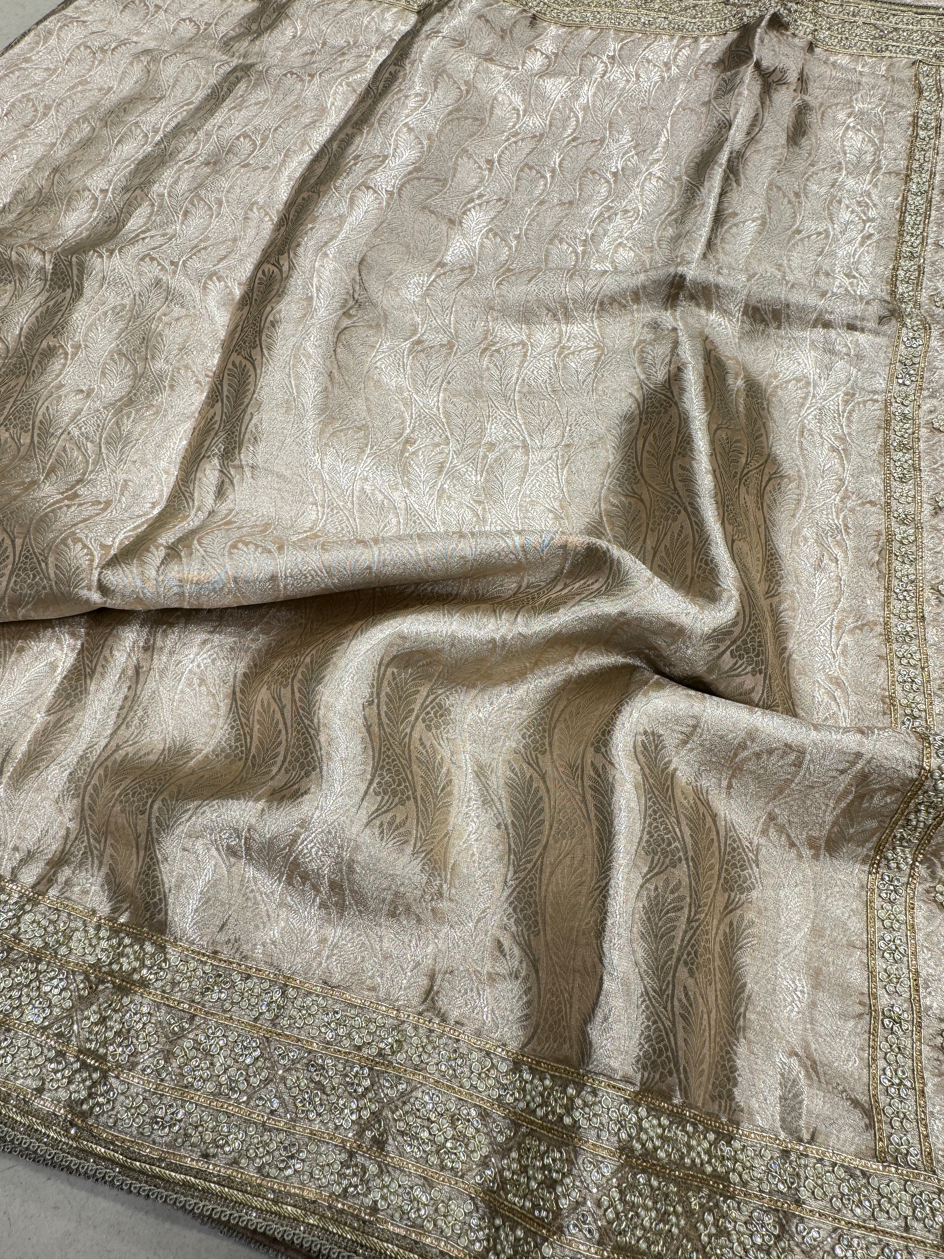 Nude Pink Silver Tissue Kanjivaram Moti Hand Embroidery Saree