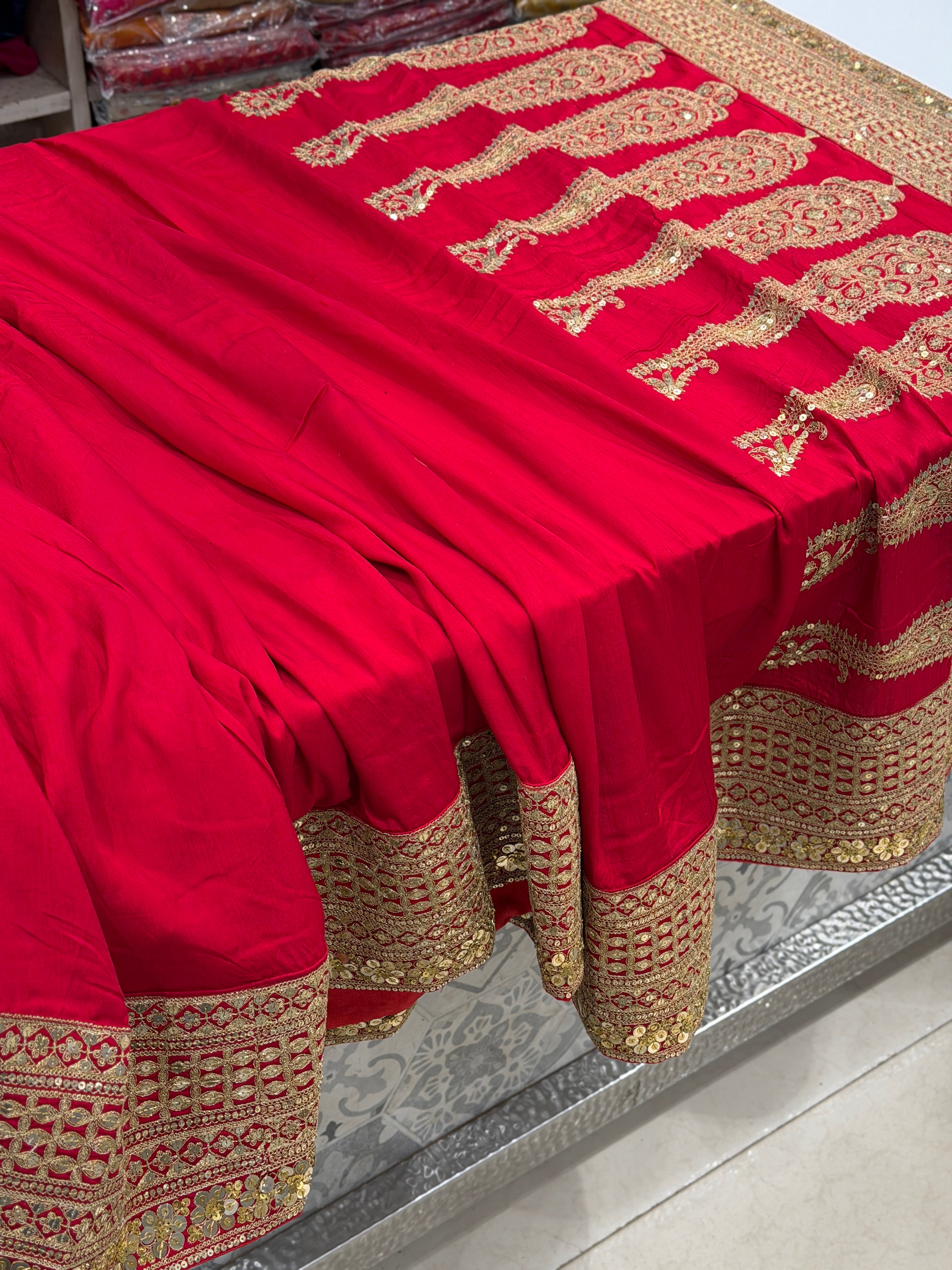Red Sabyasachi Inspired Marodi Embroidery Pure Silk Saree Keri Pallu Saree