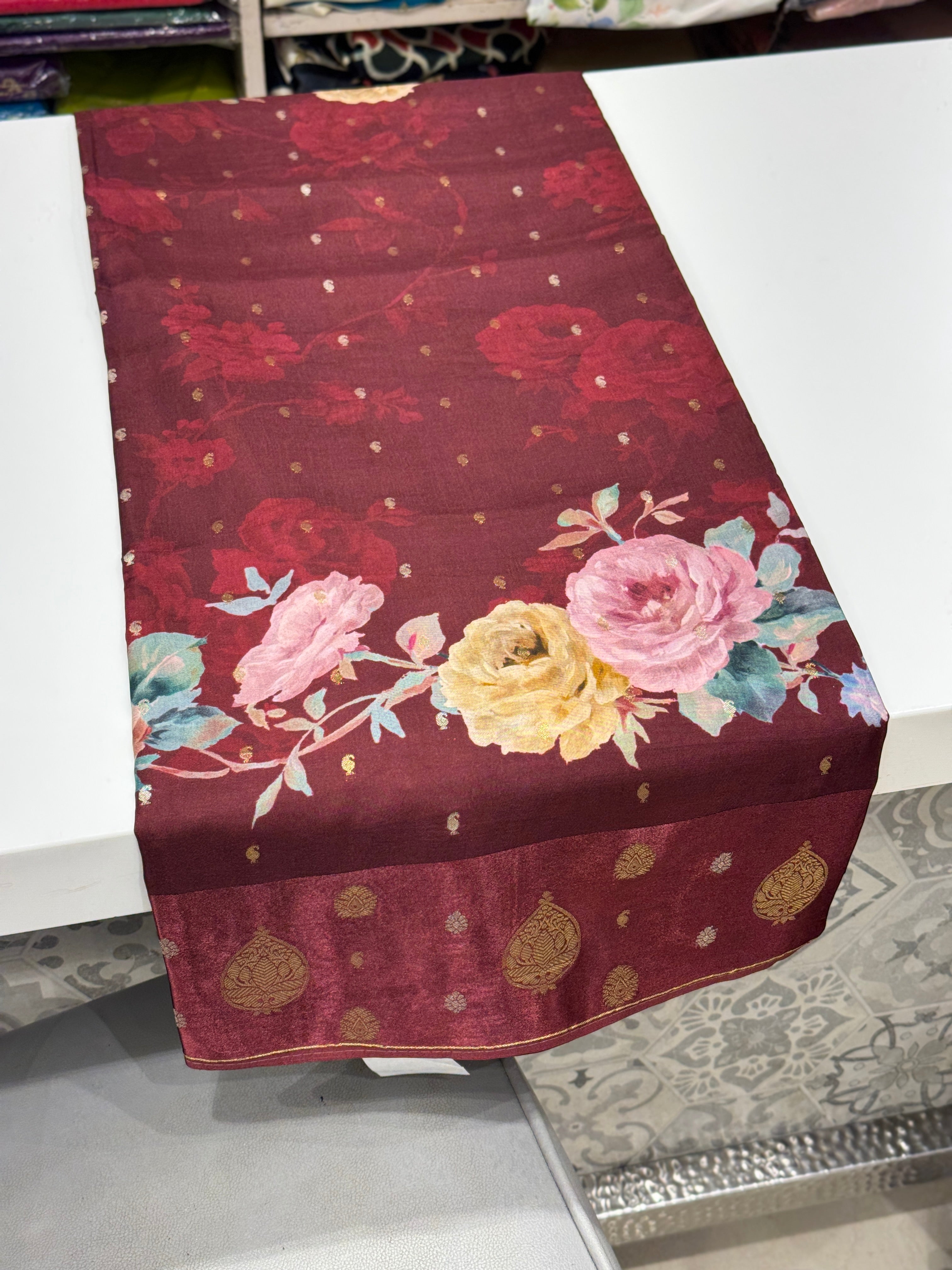 Wine Printed Silk Satin Border Saree