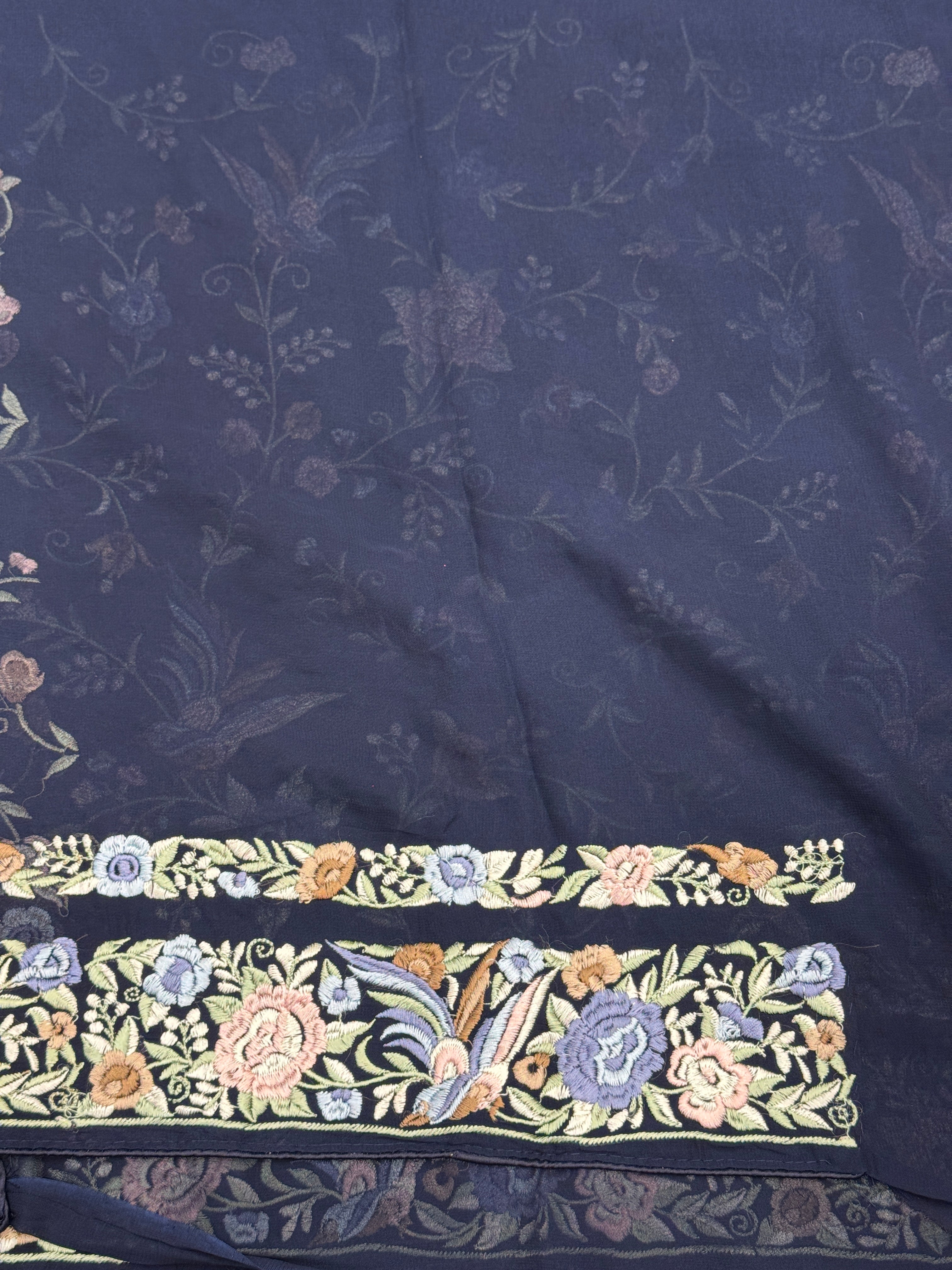 Blue Double Border Georgette Parsi Gara Saree