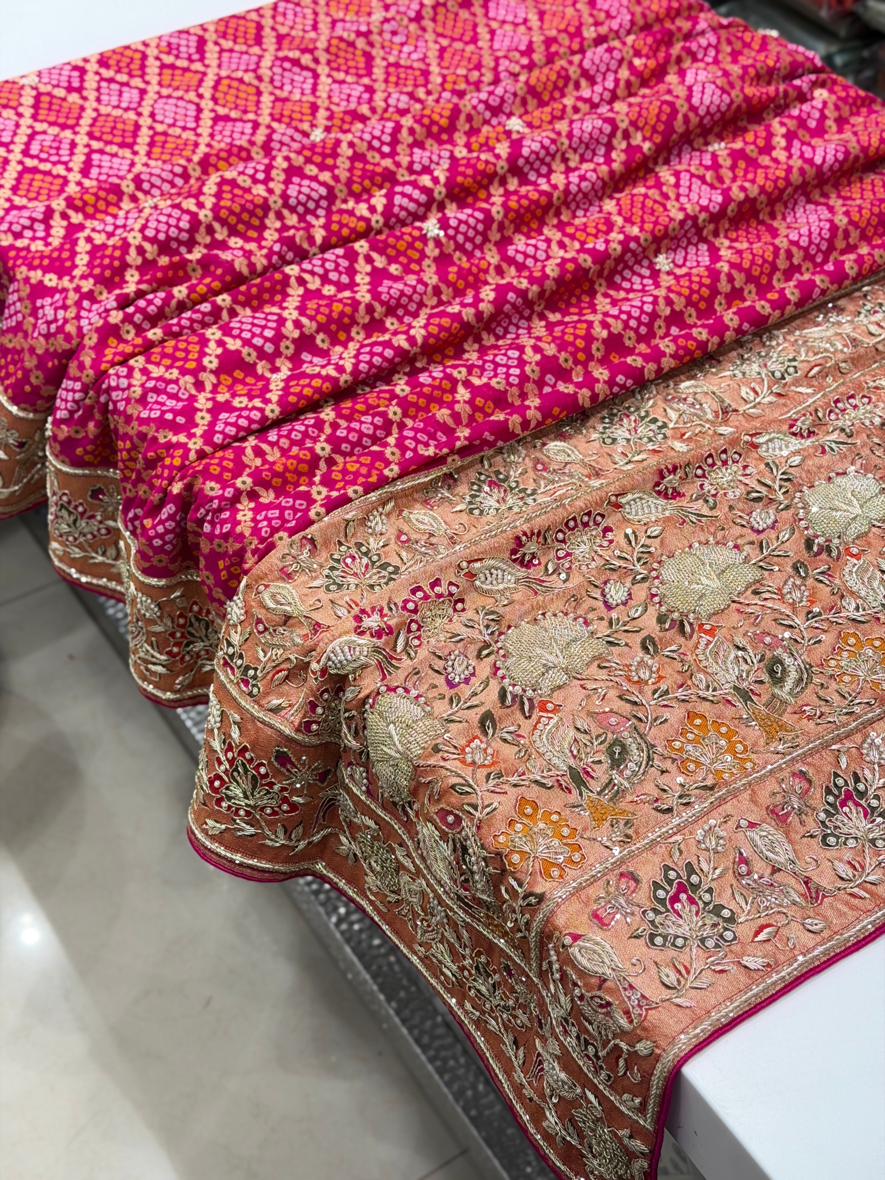 Rani Pink Meenakari Bandhej Zardosi Paithani Style Saree