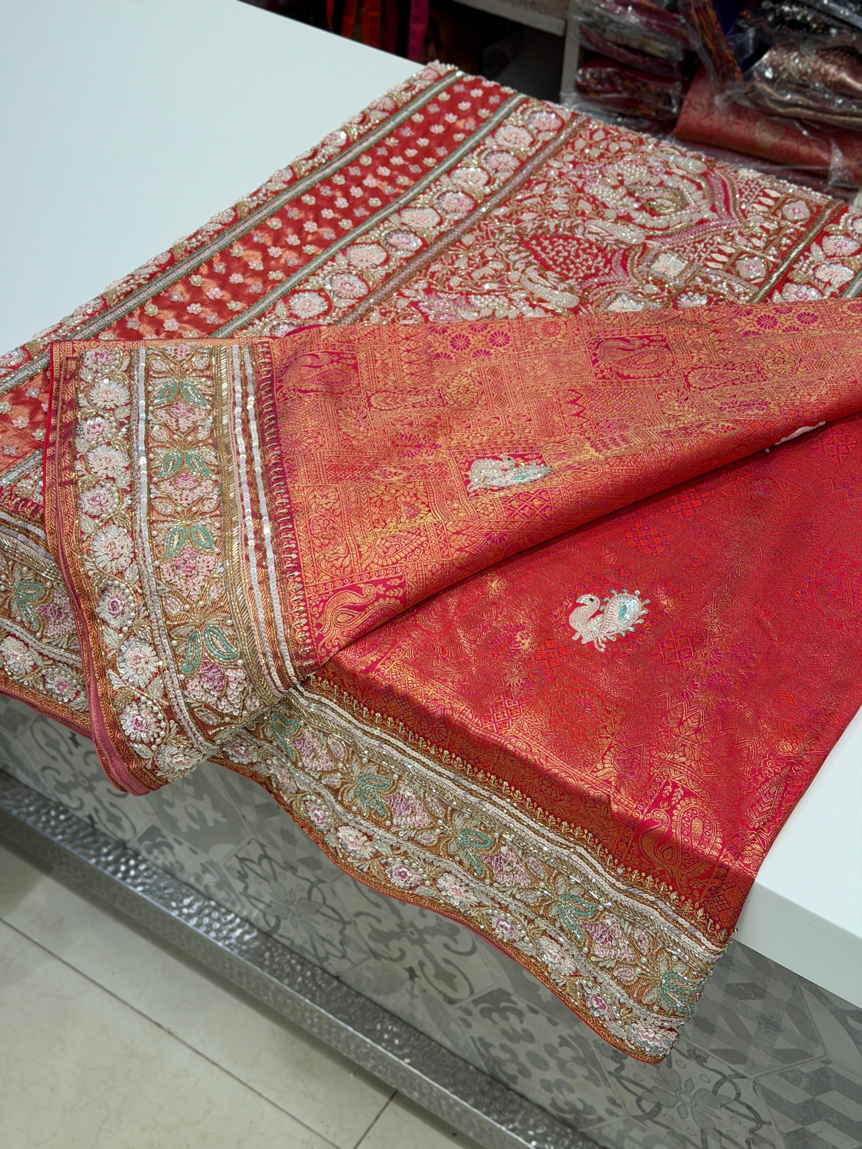 Rani Pink Kanjivaram Moti Zardosi Peacock Motif Hand Embroidery Saree