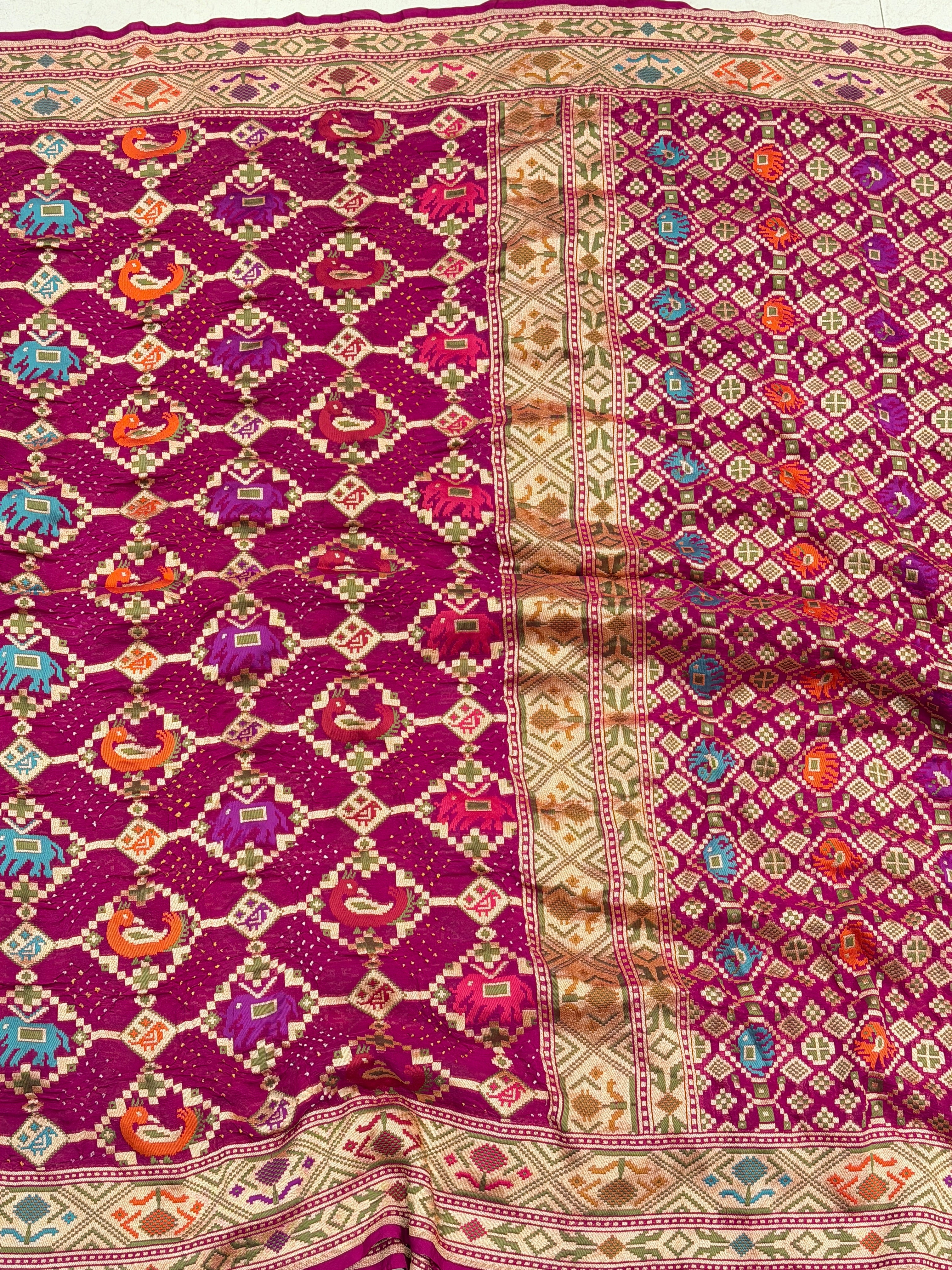 Wine Meenakari Pure Handloom Patola Style Rai Bandhej Georgette Saree