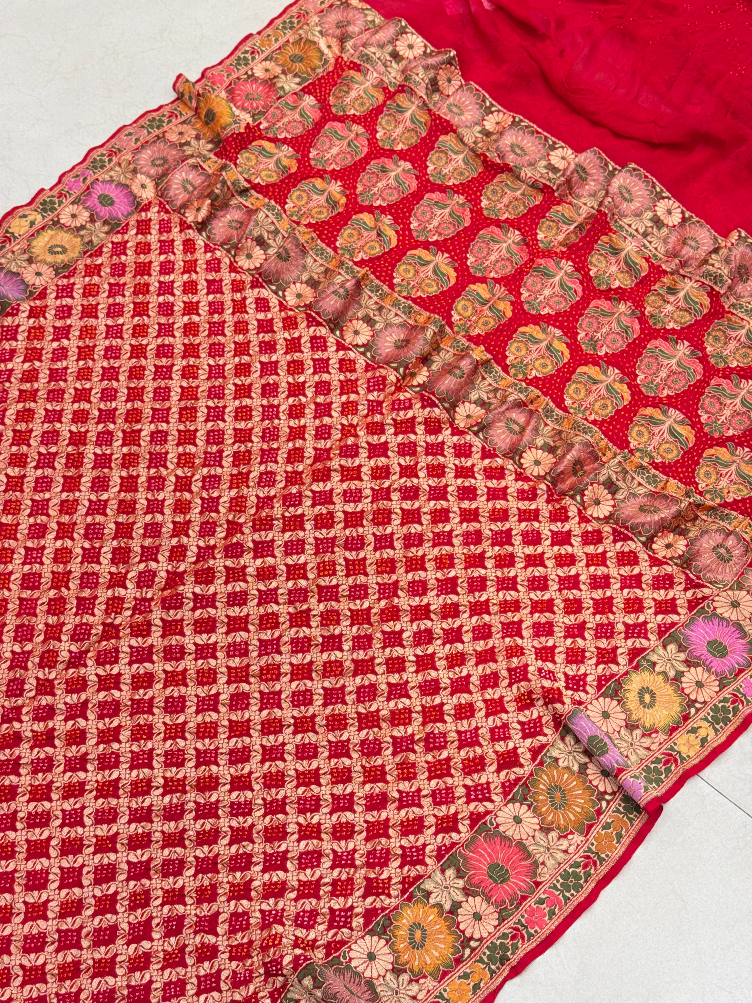 Red Meenakari Double Floral Rai Bandhej Georgette Bandhini Saree