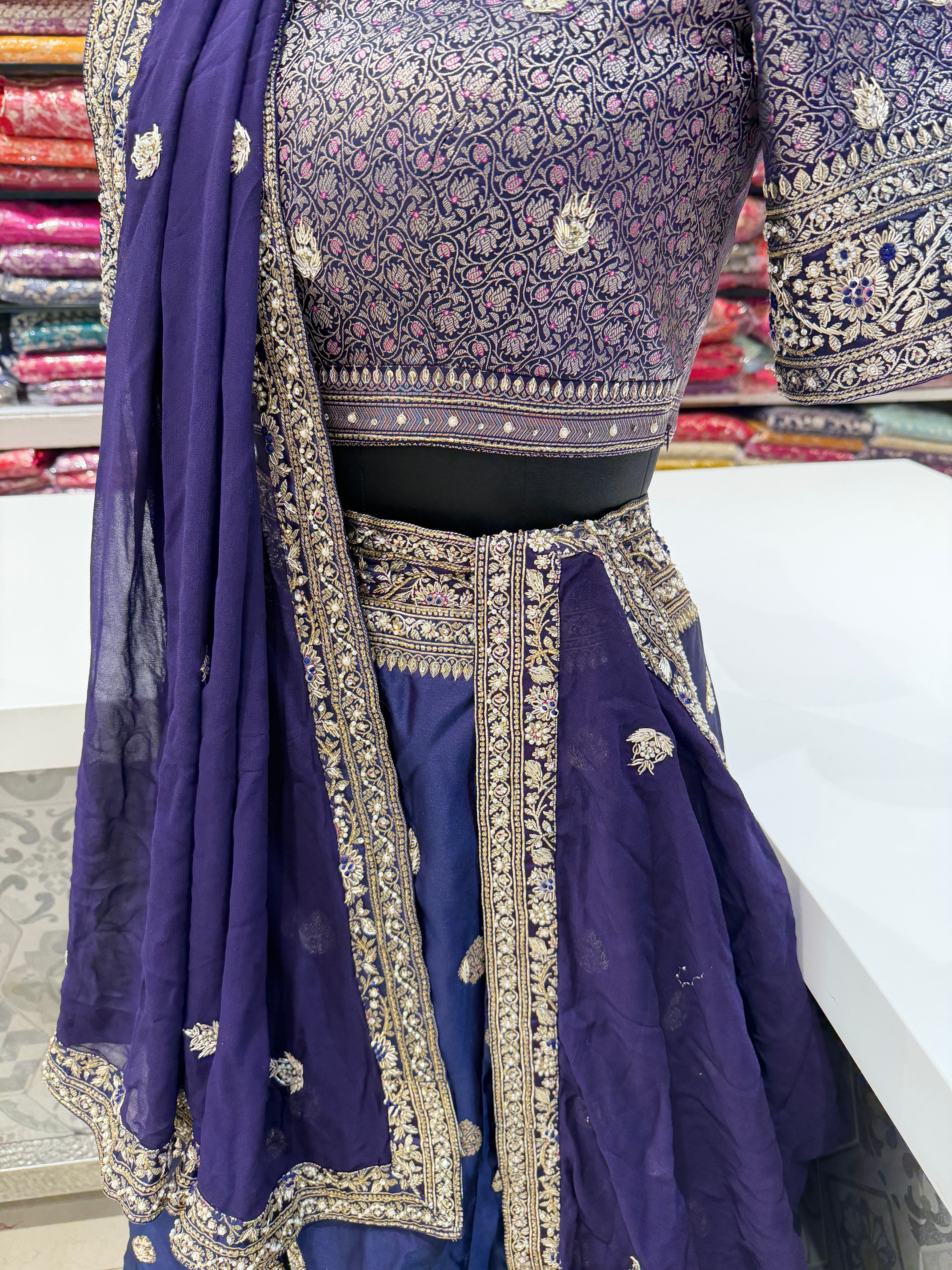 Cross Violet Banarasi Hand Embroidery Lehenga