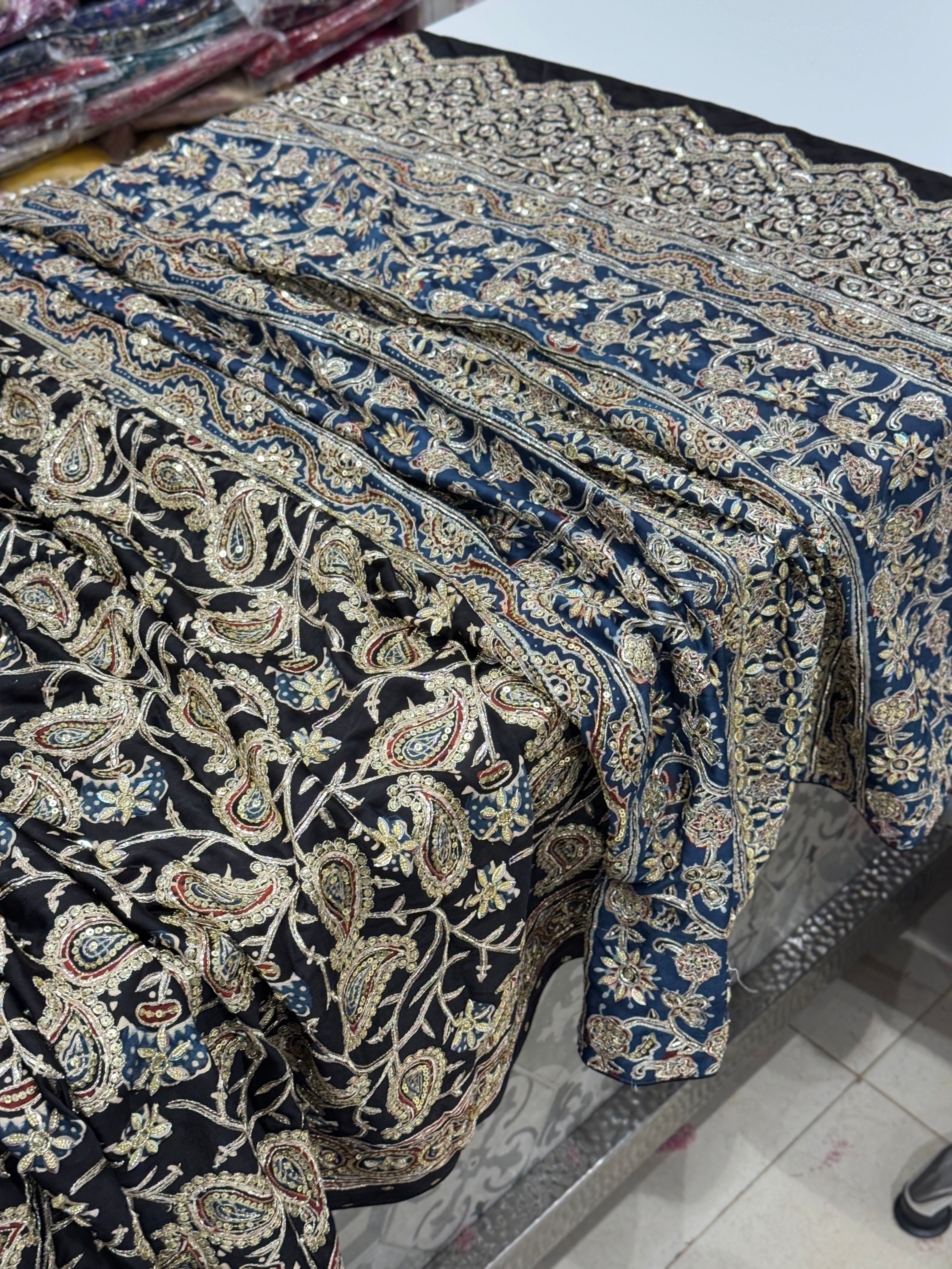 Black Blue Pallu Ajrakh Badam Jaal Hand Embroidery Zardosi and Pita Work