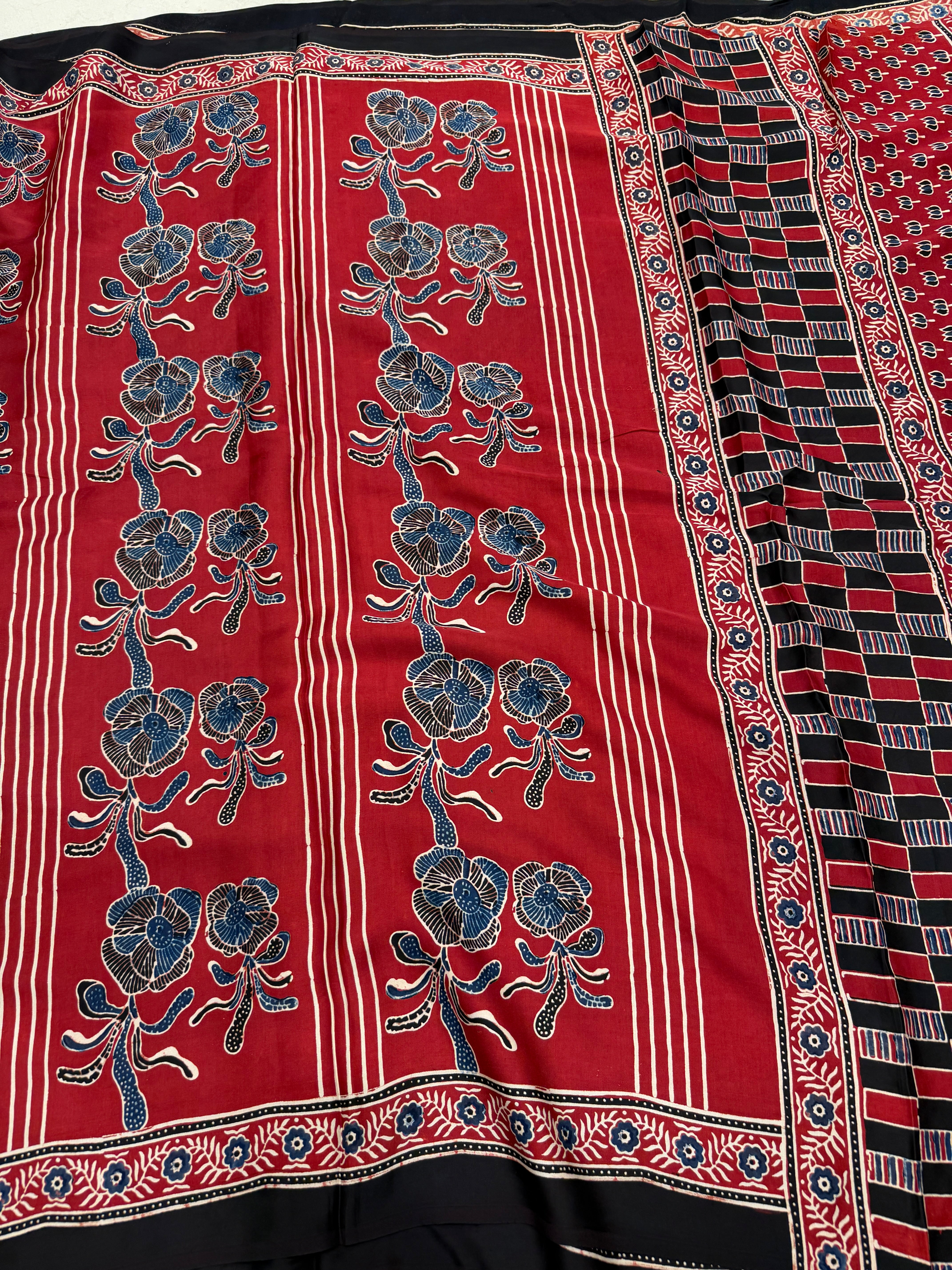 Red Rose Contemporary Ajrakh Block Print Hand Pure Gajji Silk Saree