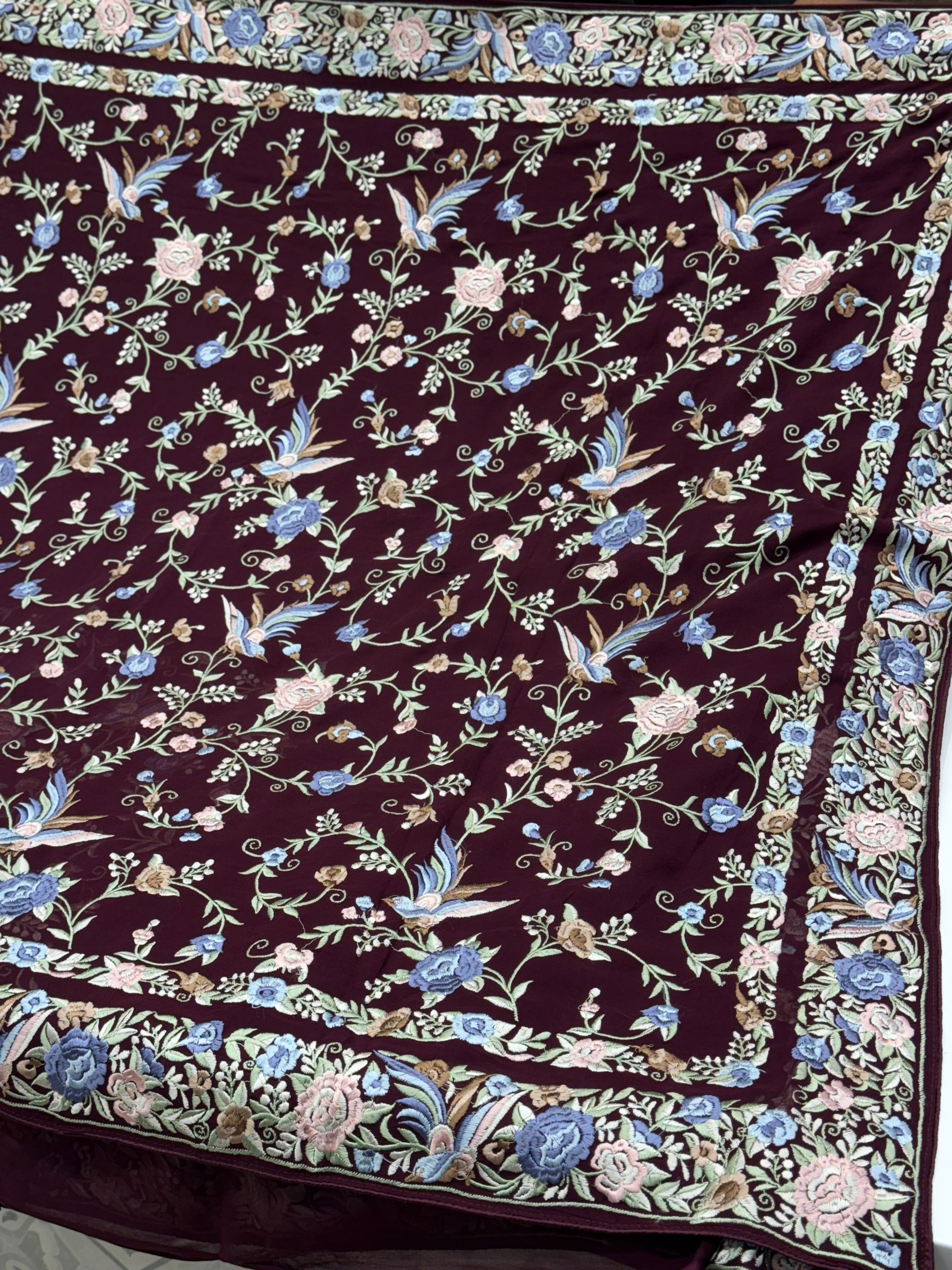 Wine Double Border Embroidery Parsi Gara Saree