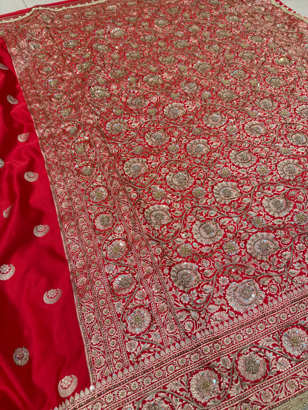 Cross Red Banarasi Chand Buttis Antique Zardosi Hand Embroidery Saree