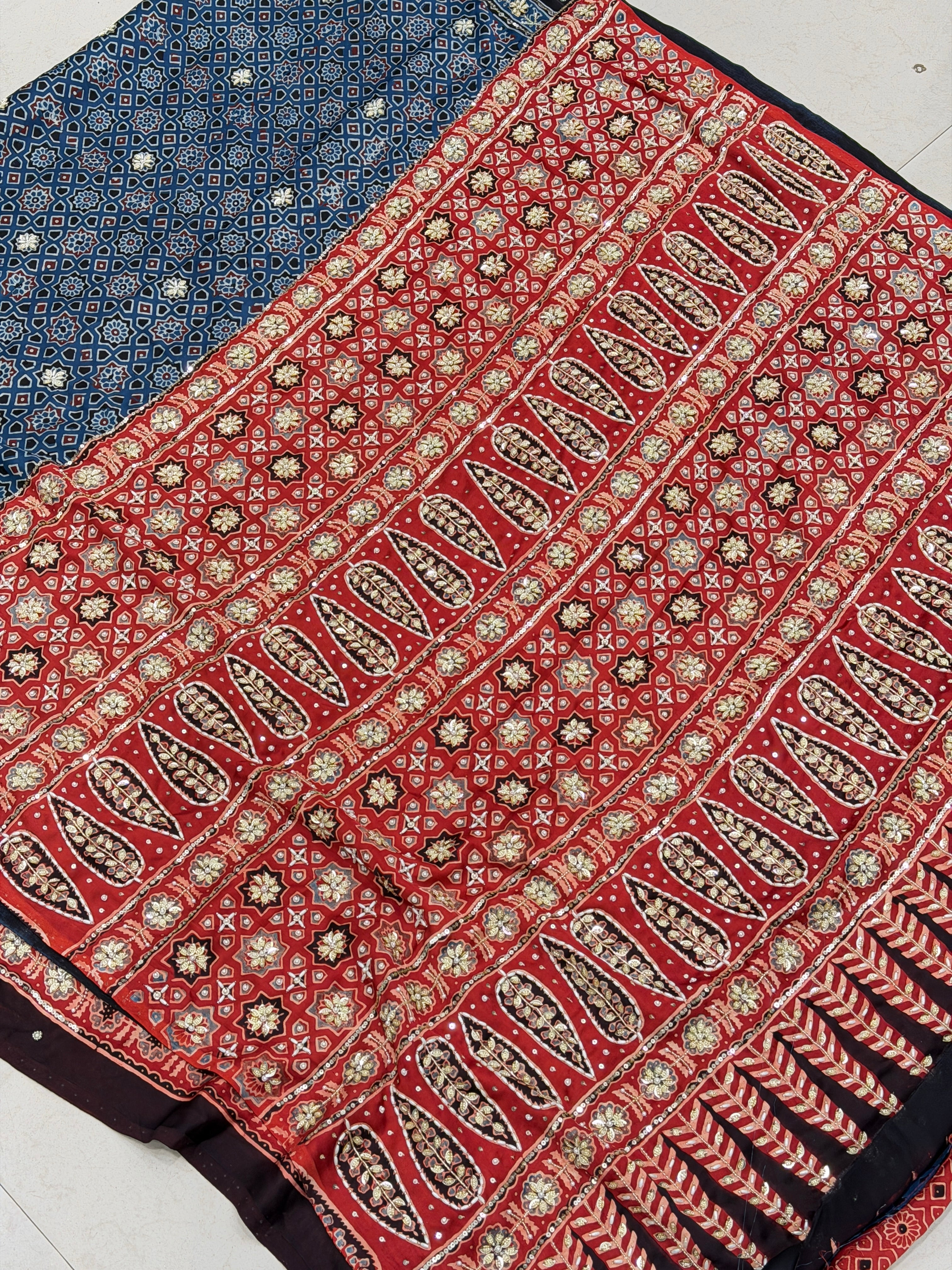 Red Jaal Sequin Ajrakh Hand Embroidery Saree