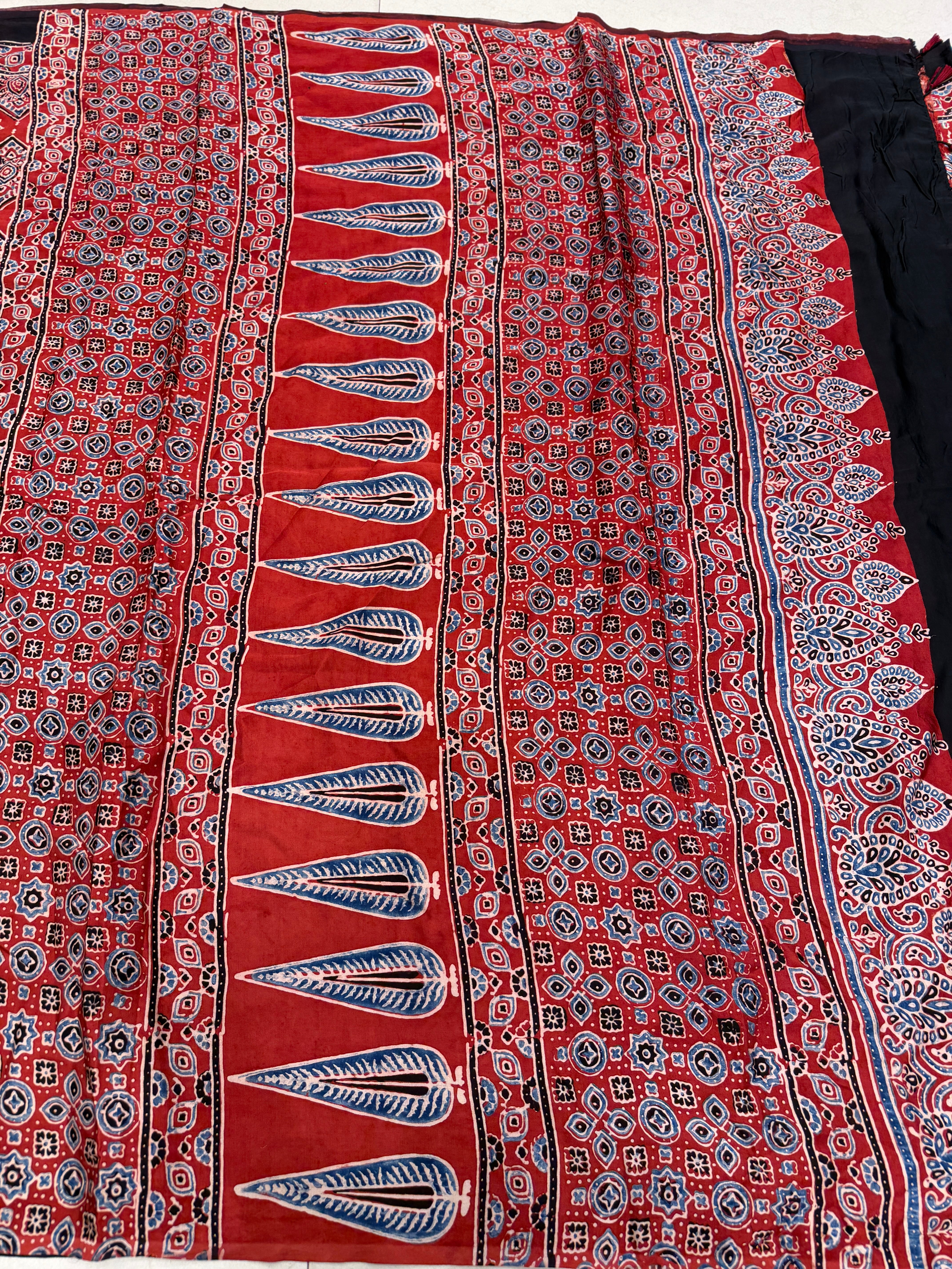 Red Badam Jaal Ajrakh Hand Block Print Pure Gajji Silk Saree