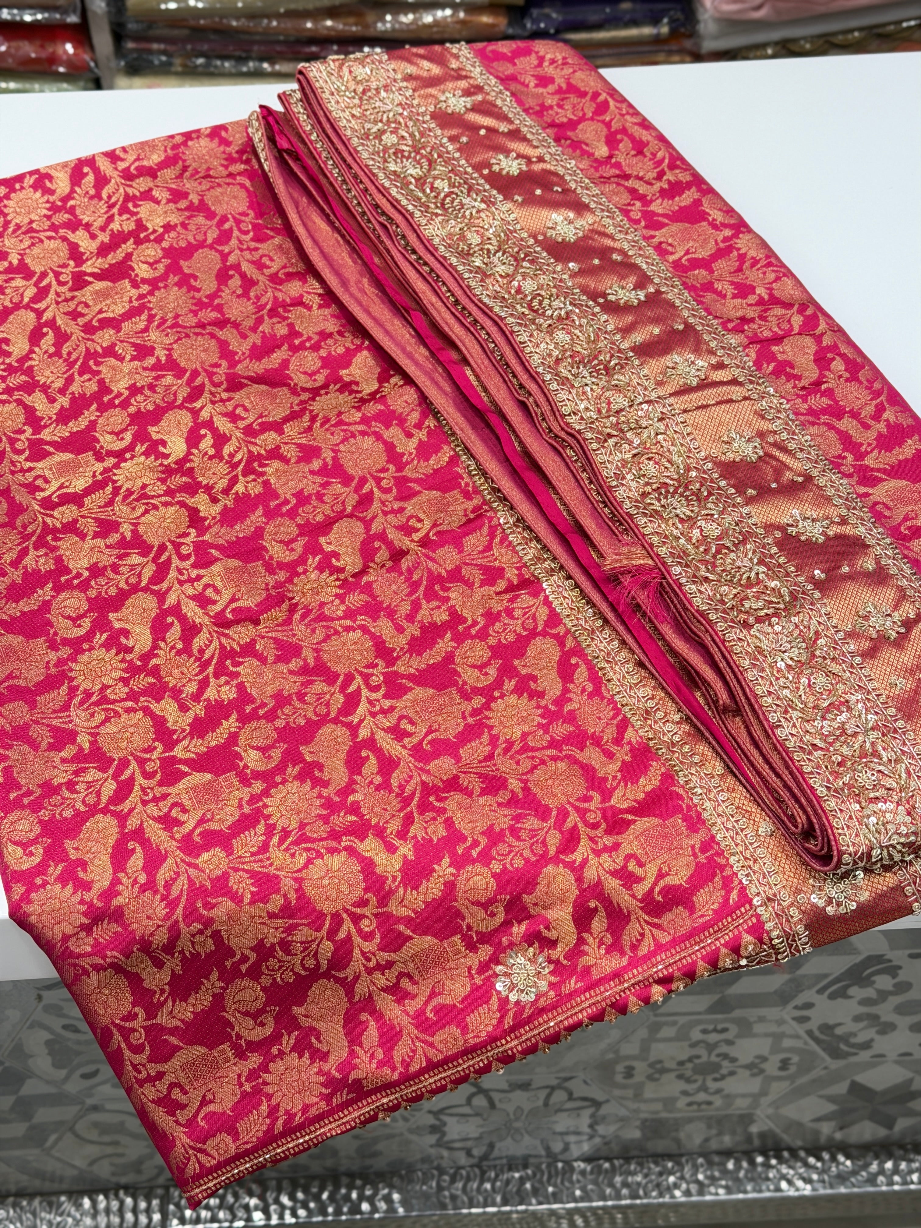 Rani Pink Shikara Kanjivaram Hand Embroidery Zardosi Saree