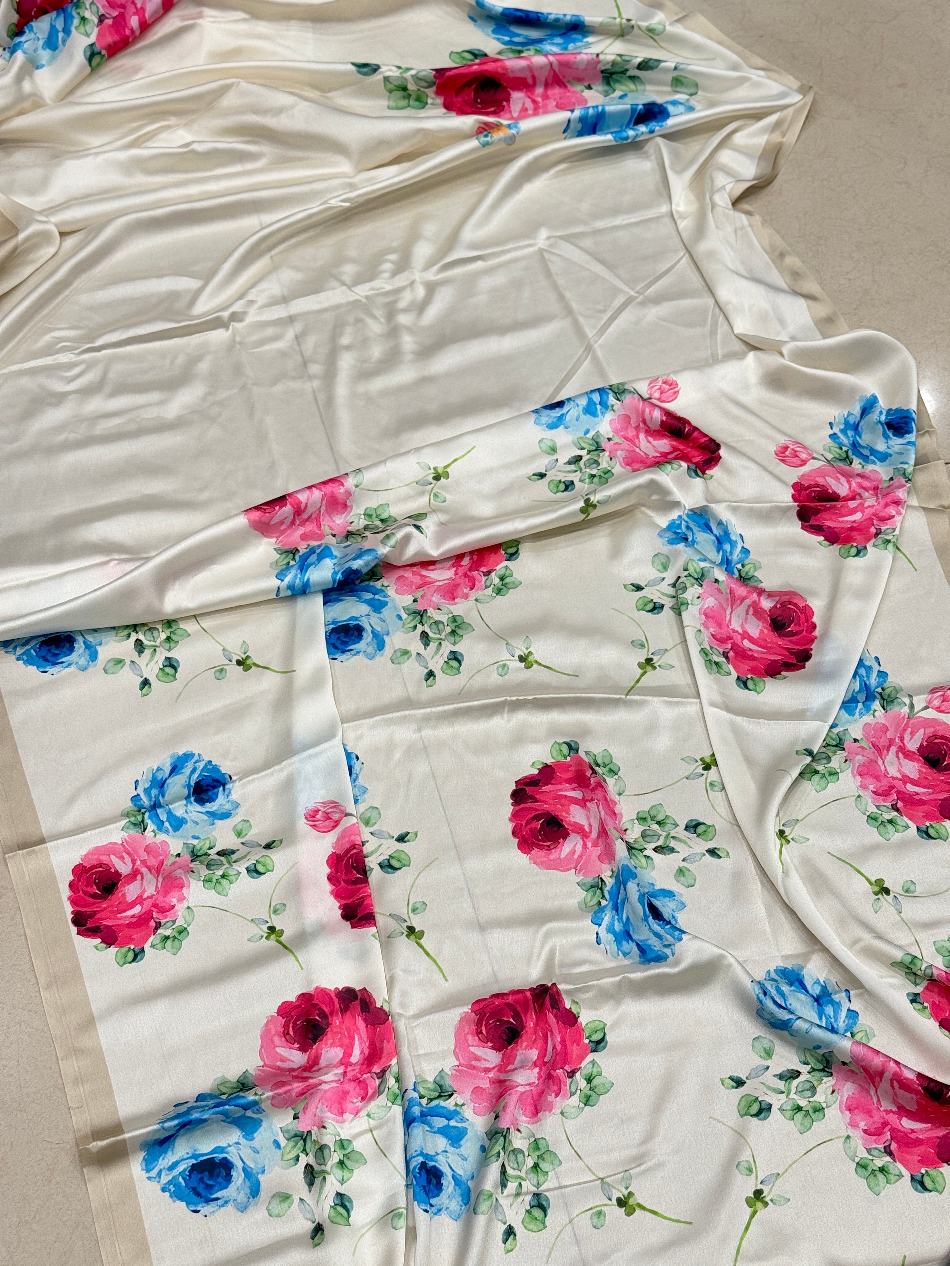 Moti White Floral Satin Printed Saree