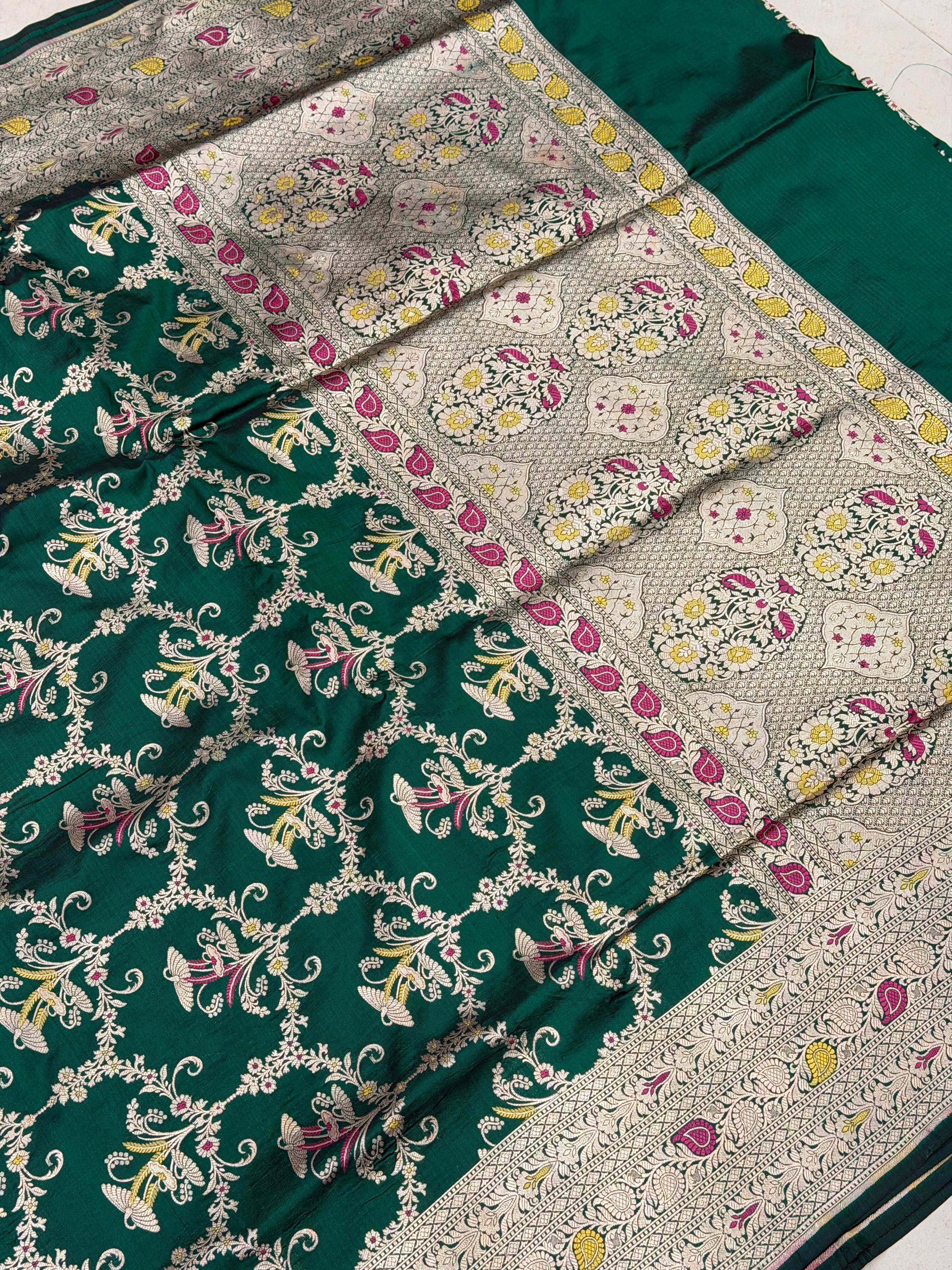 Bottle Green Handloom Meenakari Katan Silk Saree