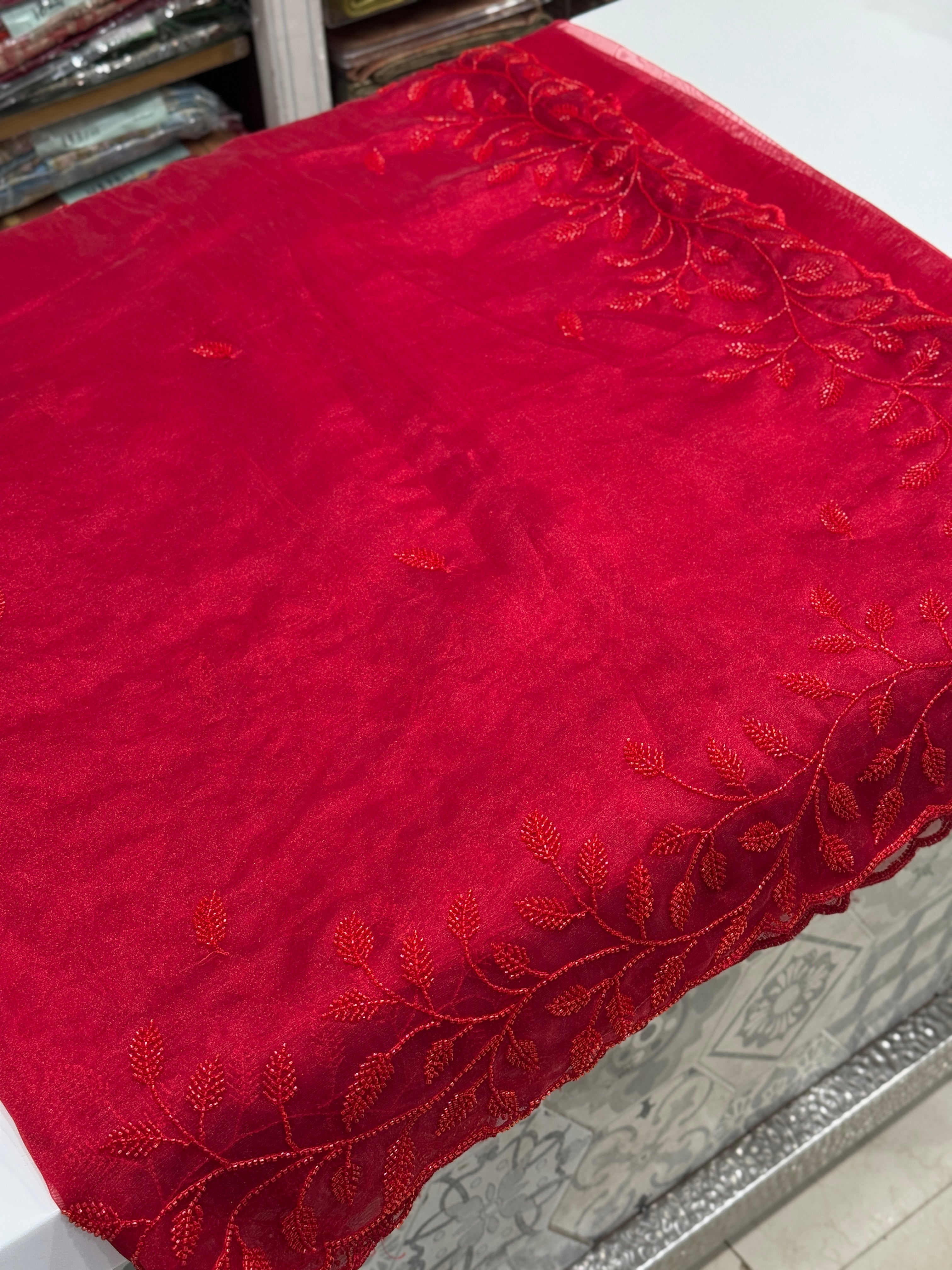 Red On Red Tissue Organza Self Work Saree