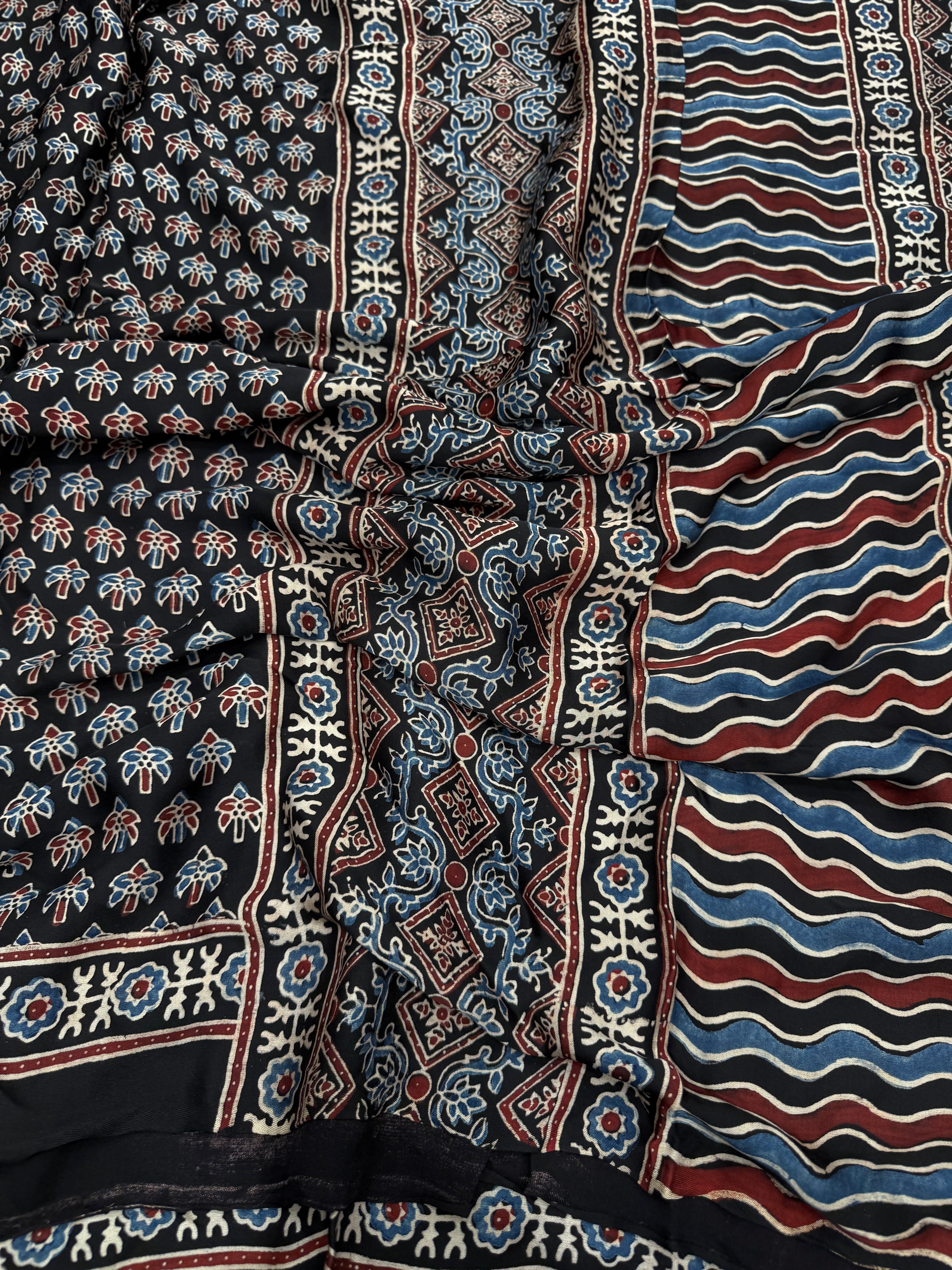 Black Small Tree Buttis Ajrakh Block Print Hand Pure Gajji Silk Saree