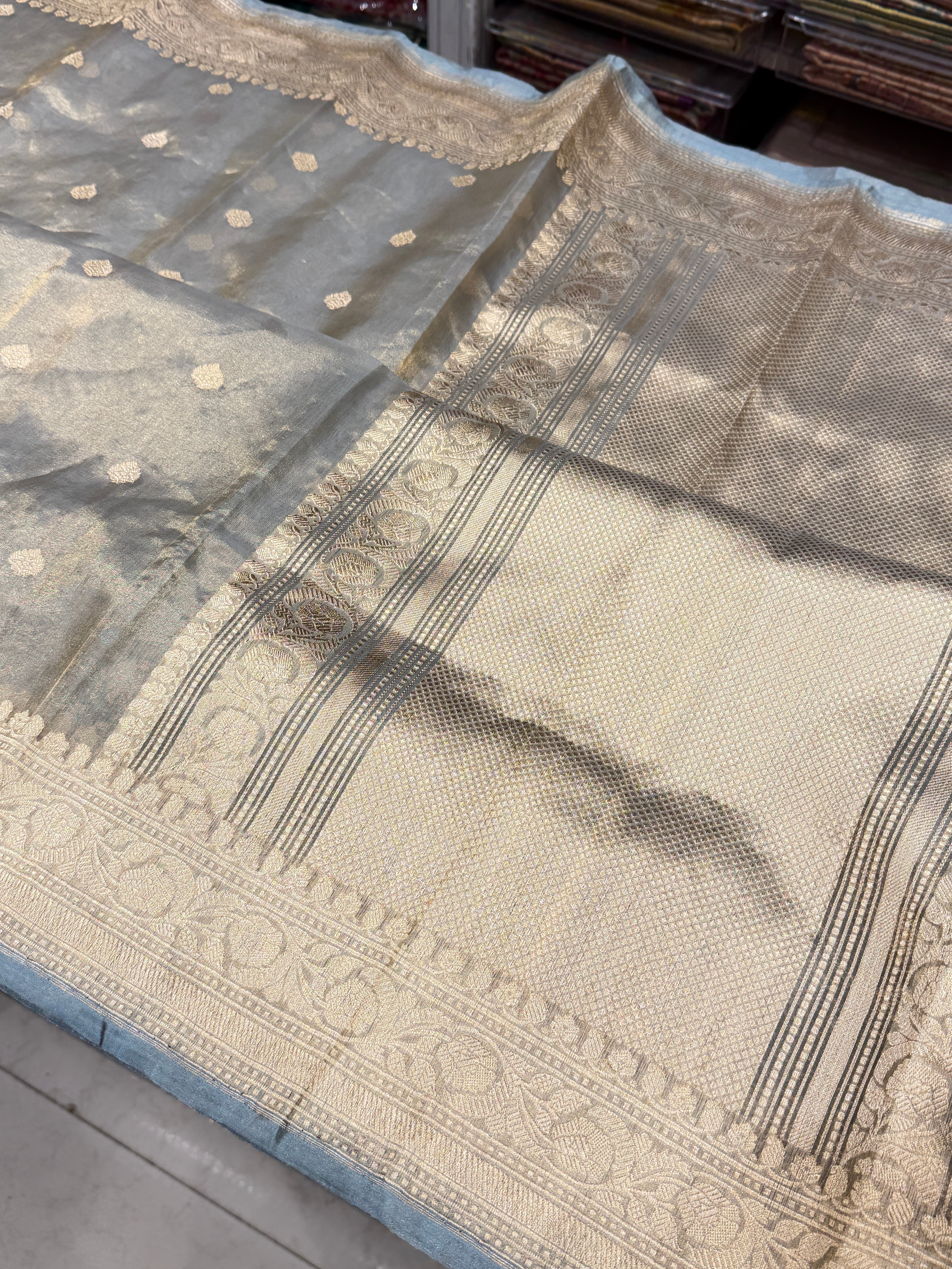 Cement Blue Handloom Banarasi Tissue Kadwa Buttis Saree
