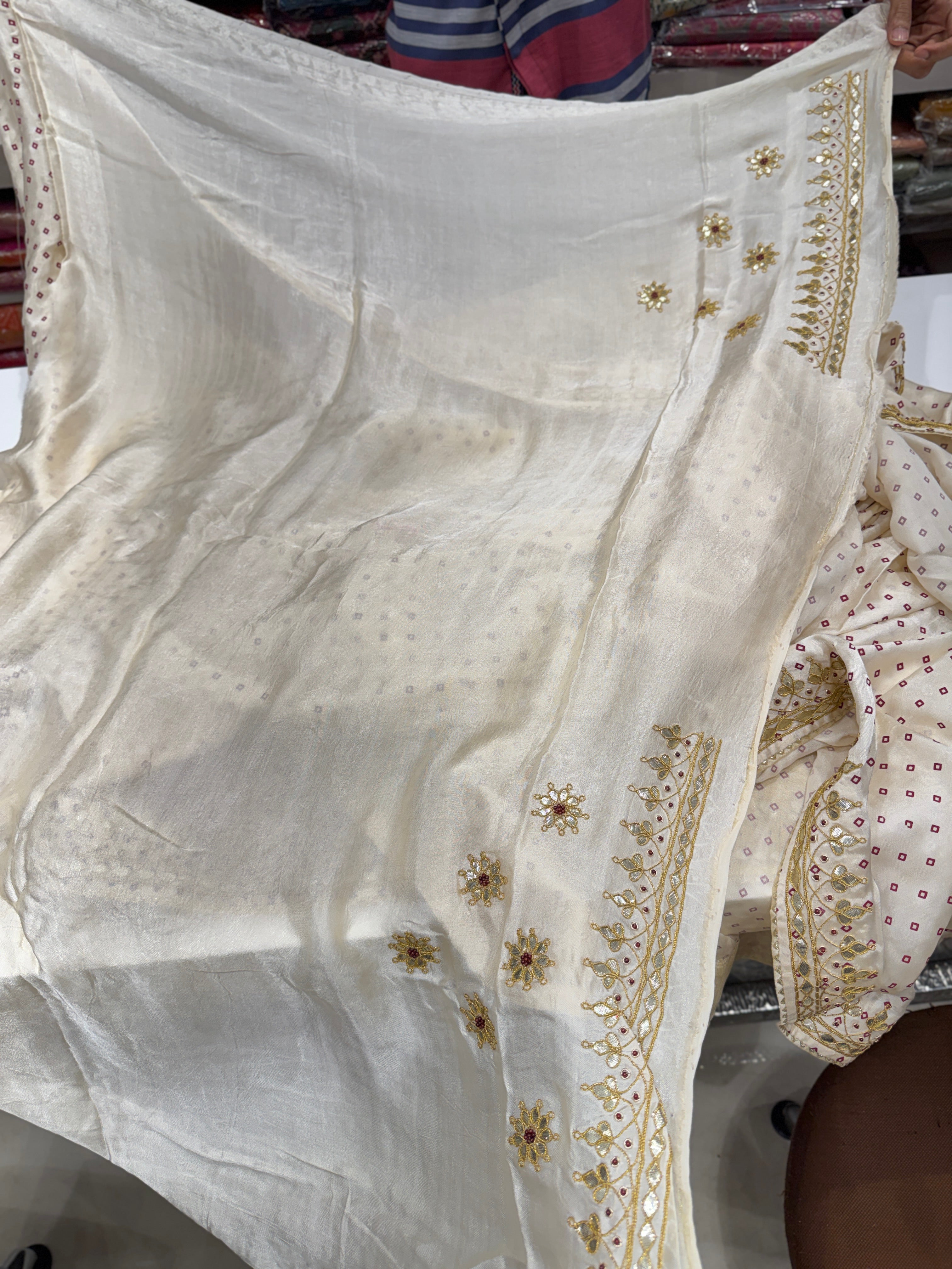 Moti White Gajji Silk Bandhej Print Hand Embroidery Gotapatti Work Saree