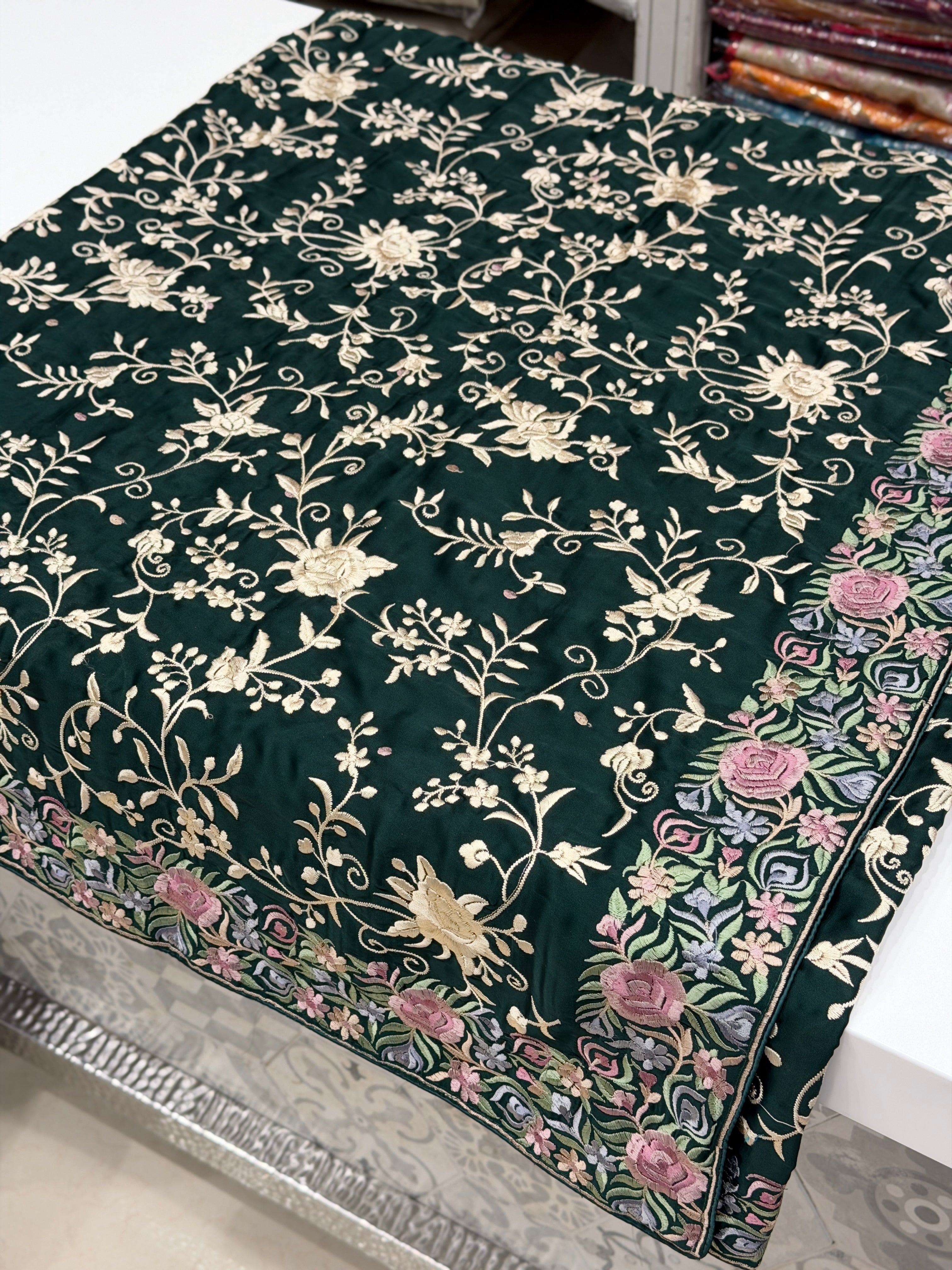 Bottle Green Crepe Floral Multi Resham Border Parsi Gara Saree