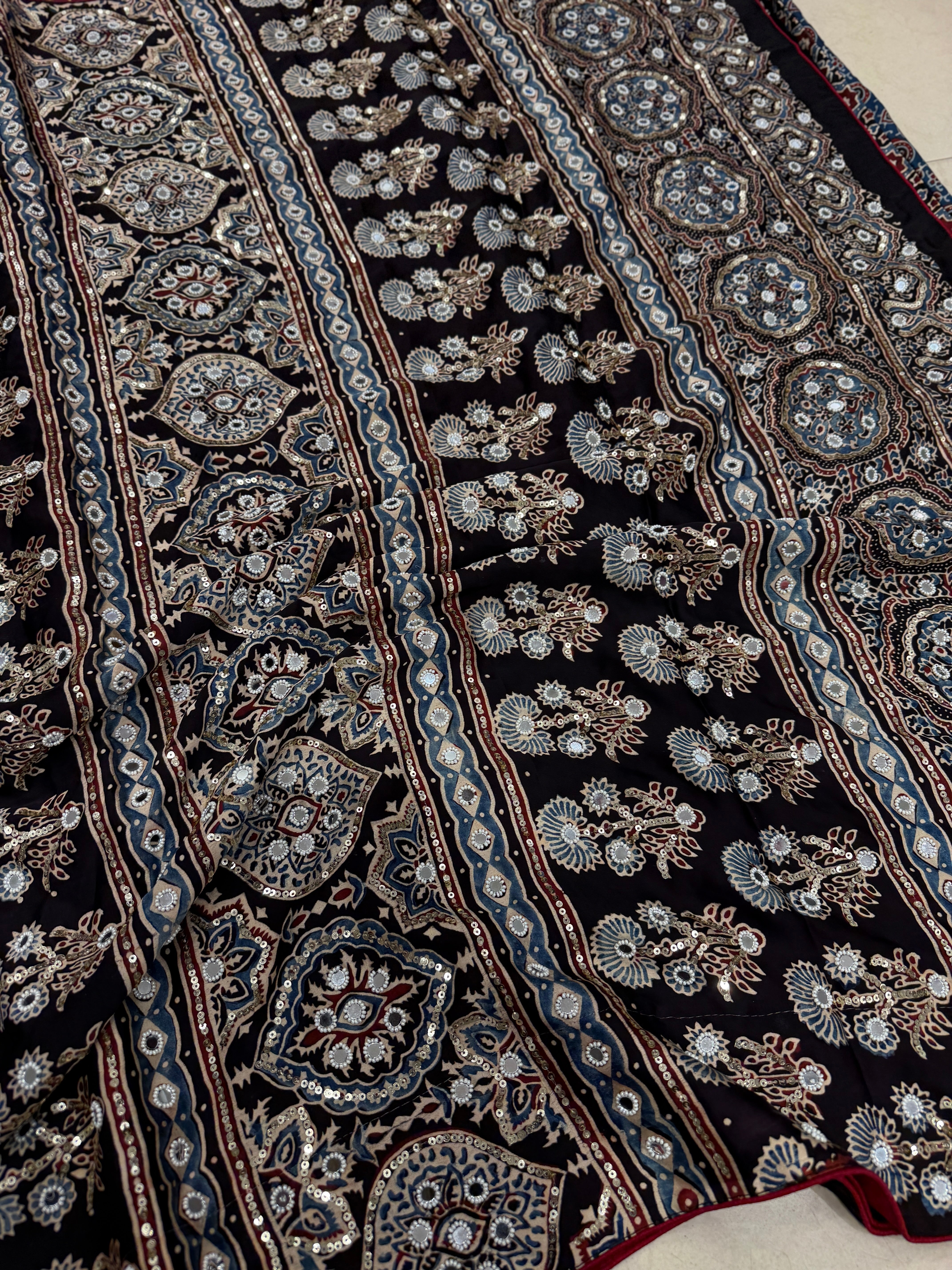 Blue Ajrakh Jaal Moti Sequin Ajrakh Hand Embroidery Saree