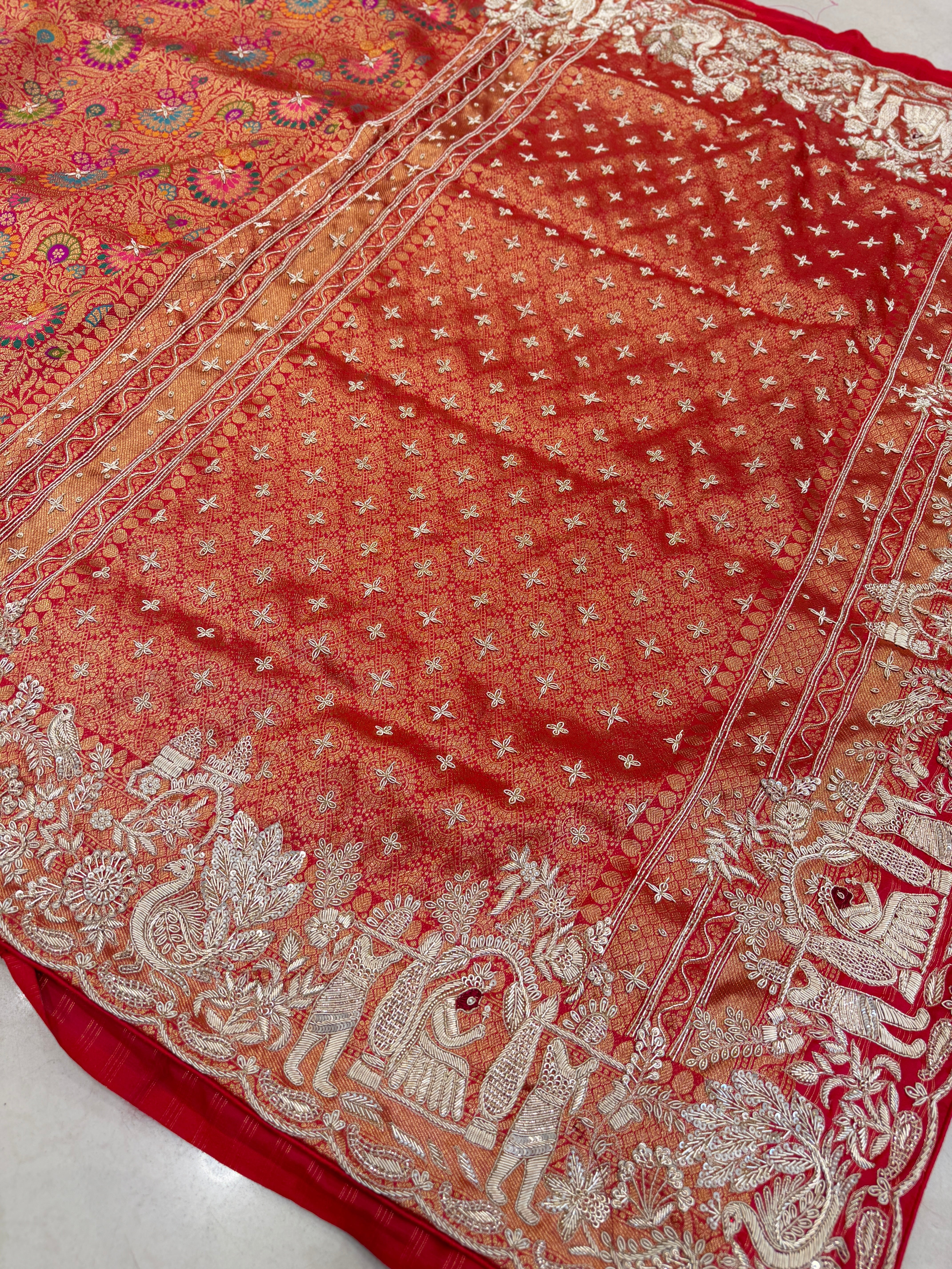 Red Khinkhwab Banarasi Hand Embroidery Zardosi Doli Edit Saree