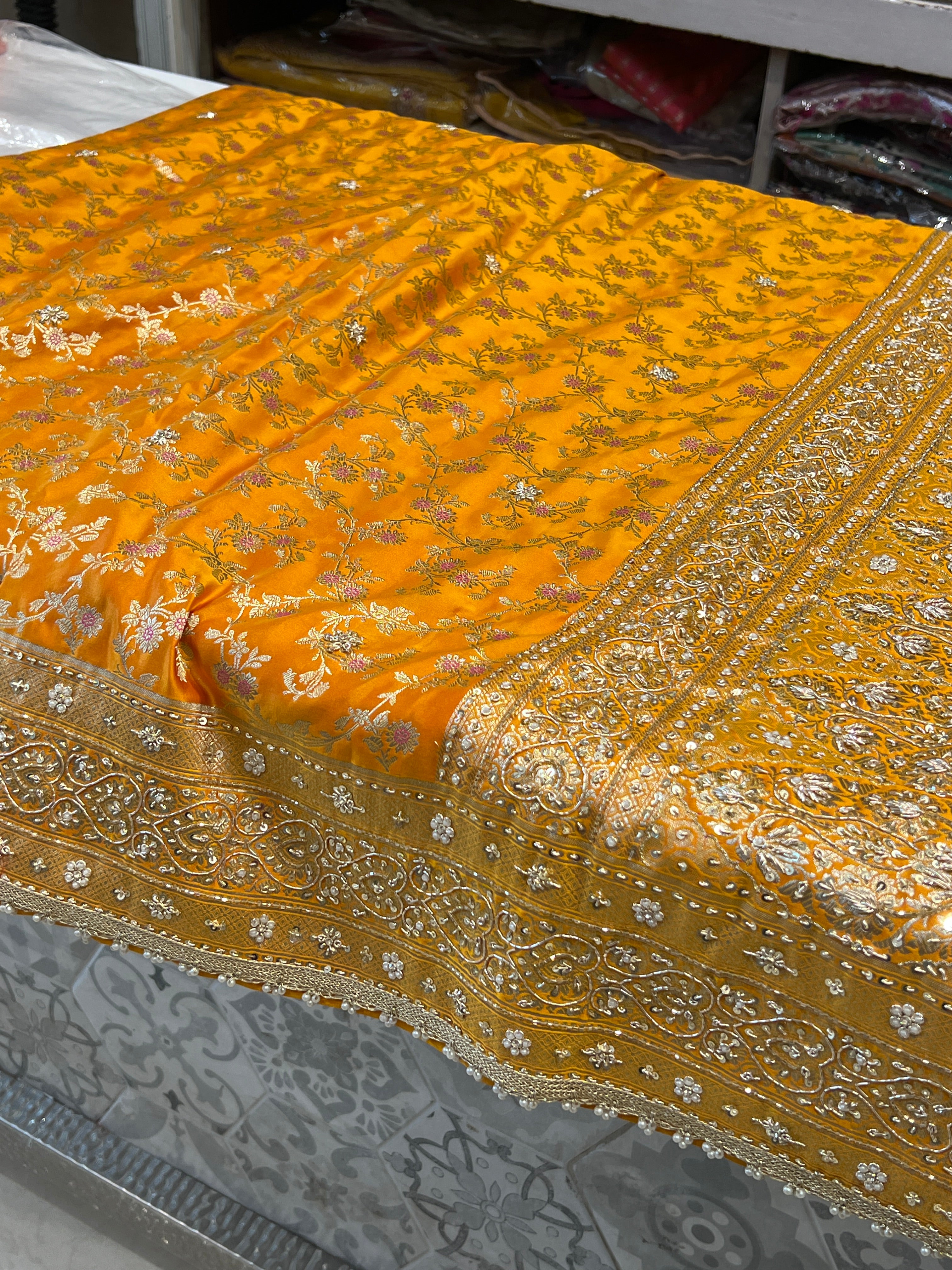 Mango Yellow Banarasi Heart Border Hand Embroidery Saree