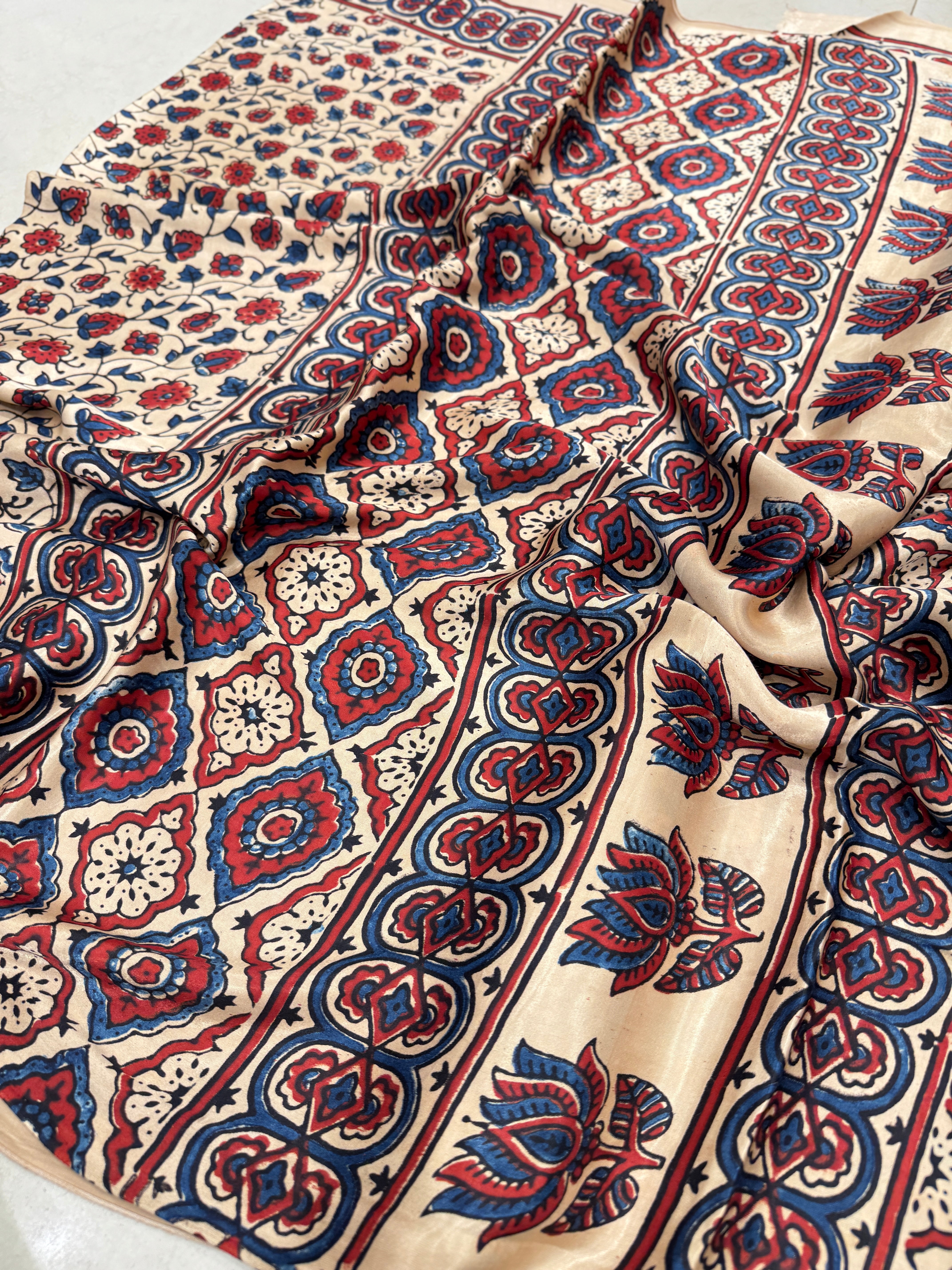 Moti White Flower Jaal Ajrakh Gajji Silk Hand Block Print Saree