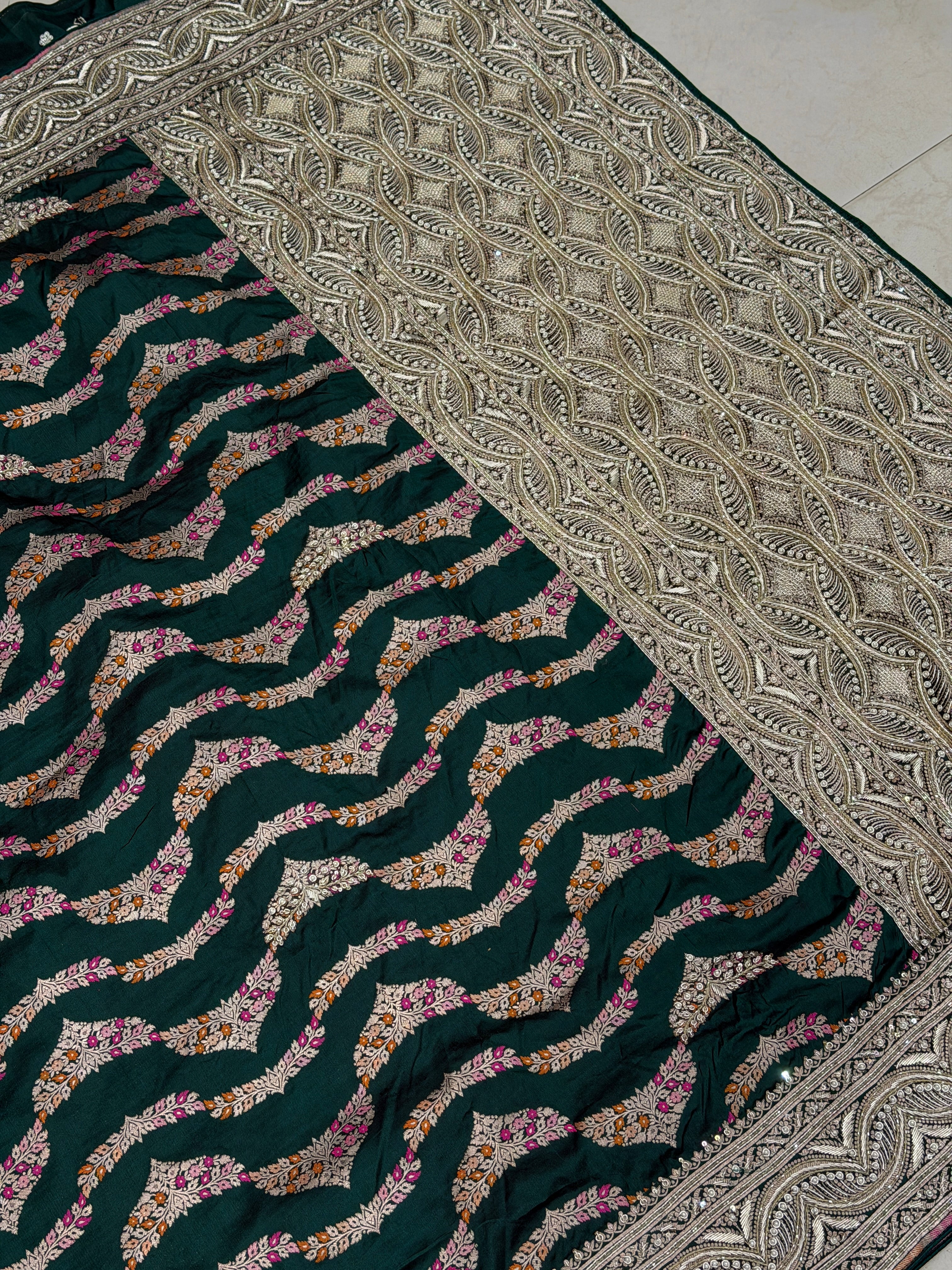 Bottle Green Meenakari Handloom Banarasi Katan Silk Zardosi Hand Embroidery Saree
