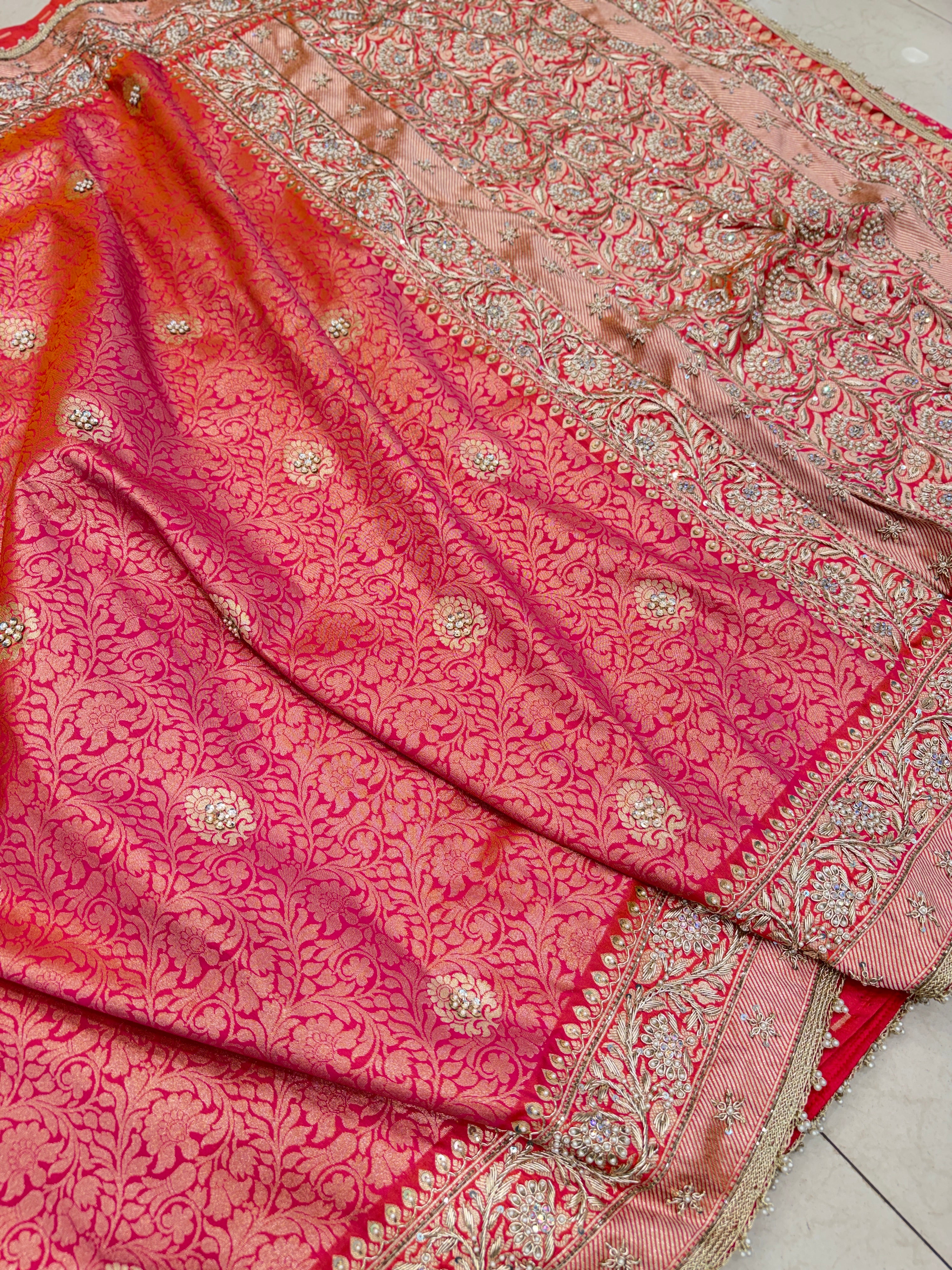 Cross Rust Banarasi Brocade Hand Embroidery Naka Tikki Saree