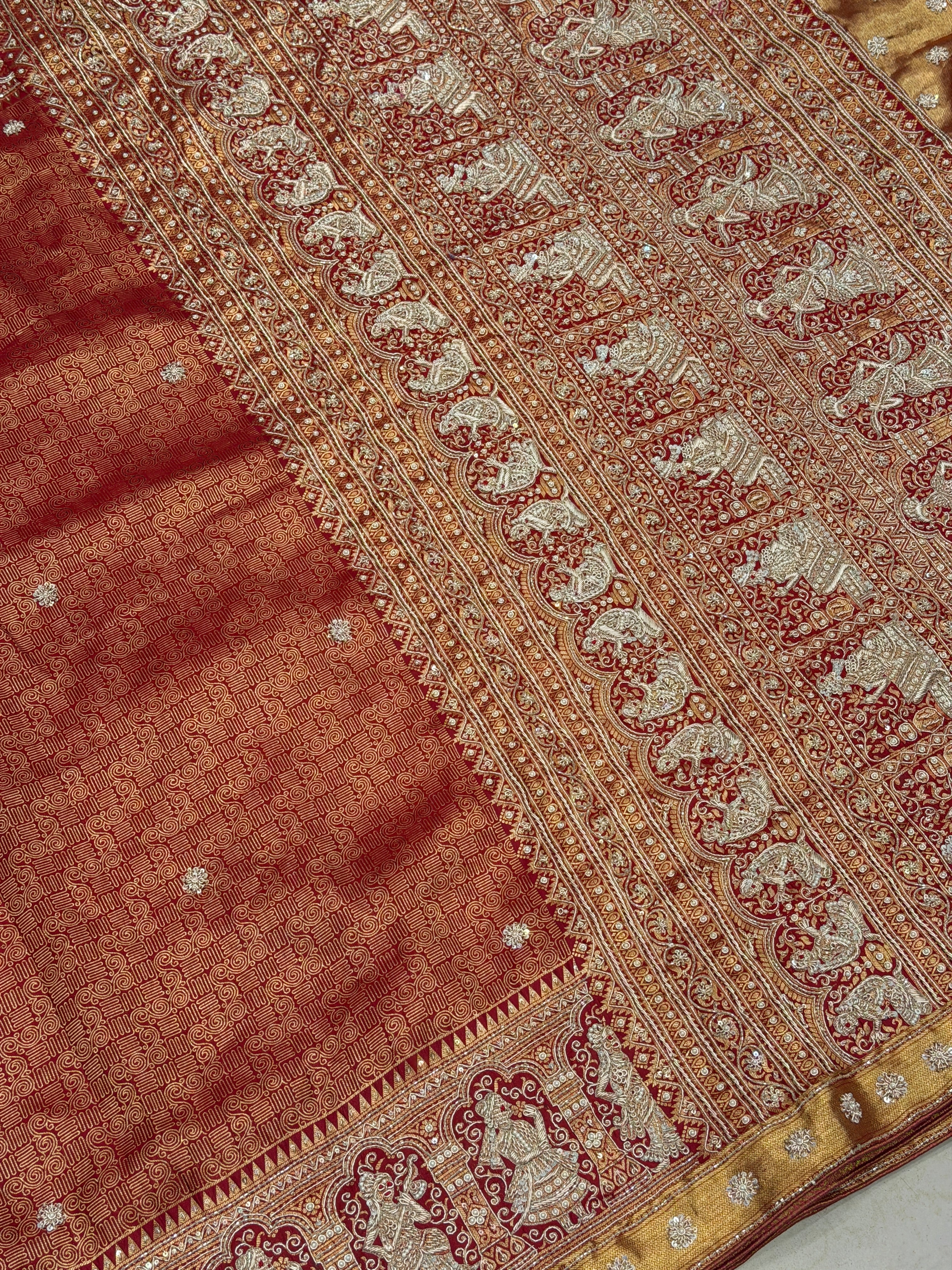 Maroonish Red Kanjivaram Zardosi Hand Embroidery Baluchari Style Saree