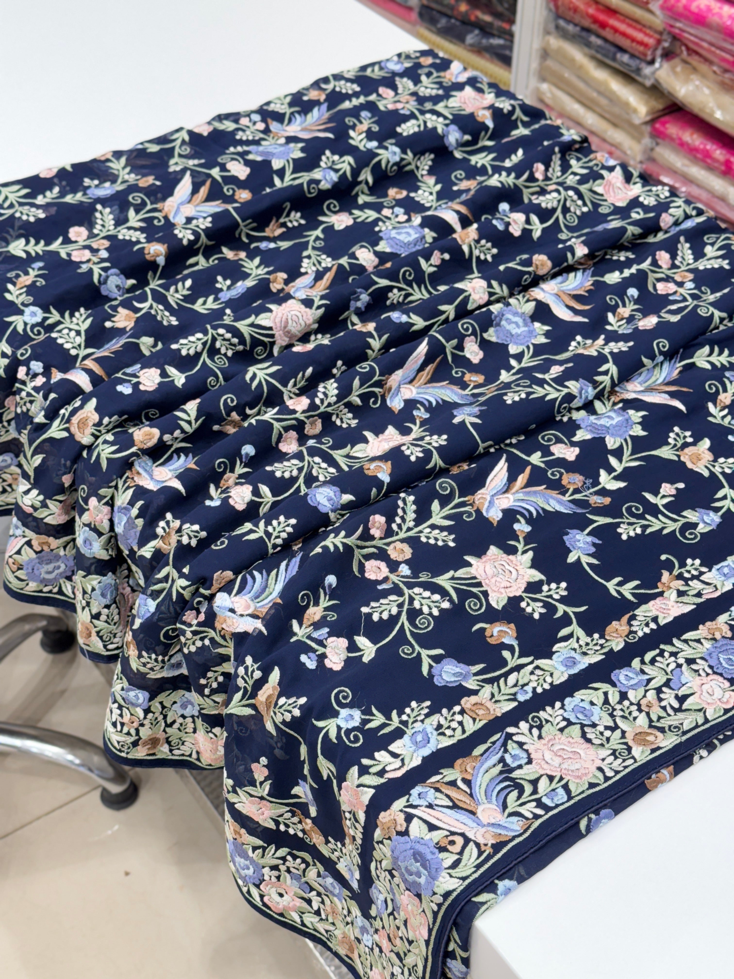 Blue Double Border Georgette Parsi Gara Saree