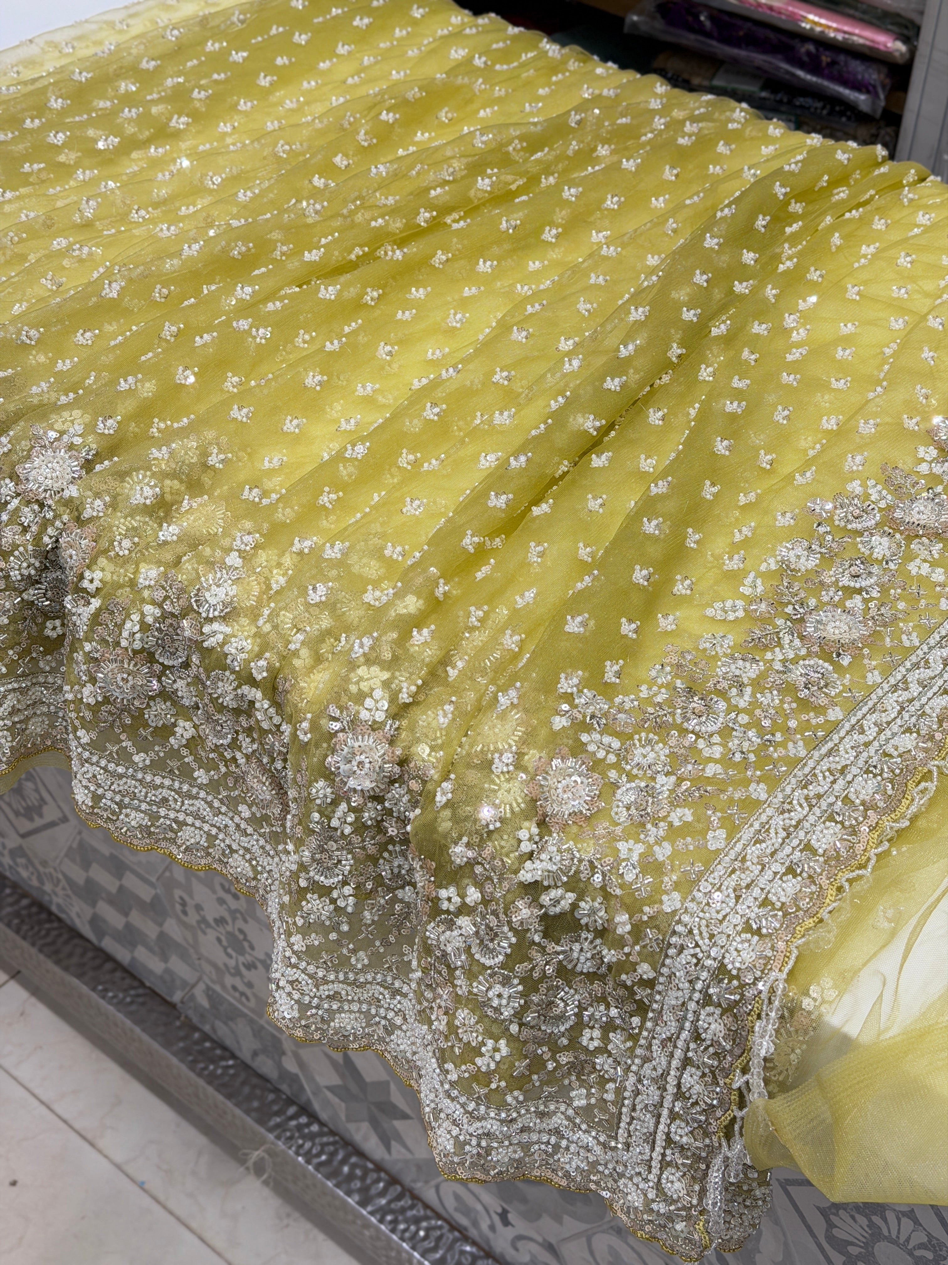 Mint Green Net Moti Sequin Jaal Embroidery Saree with Heavy Blouse