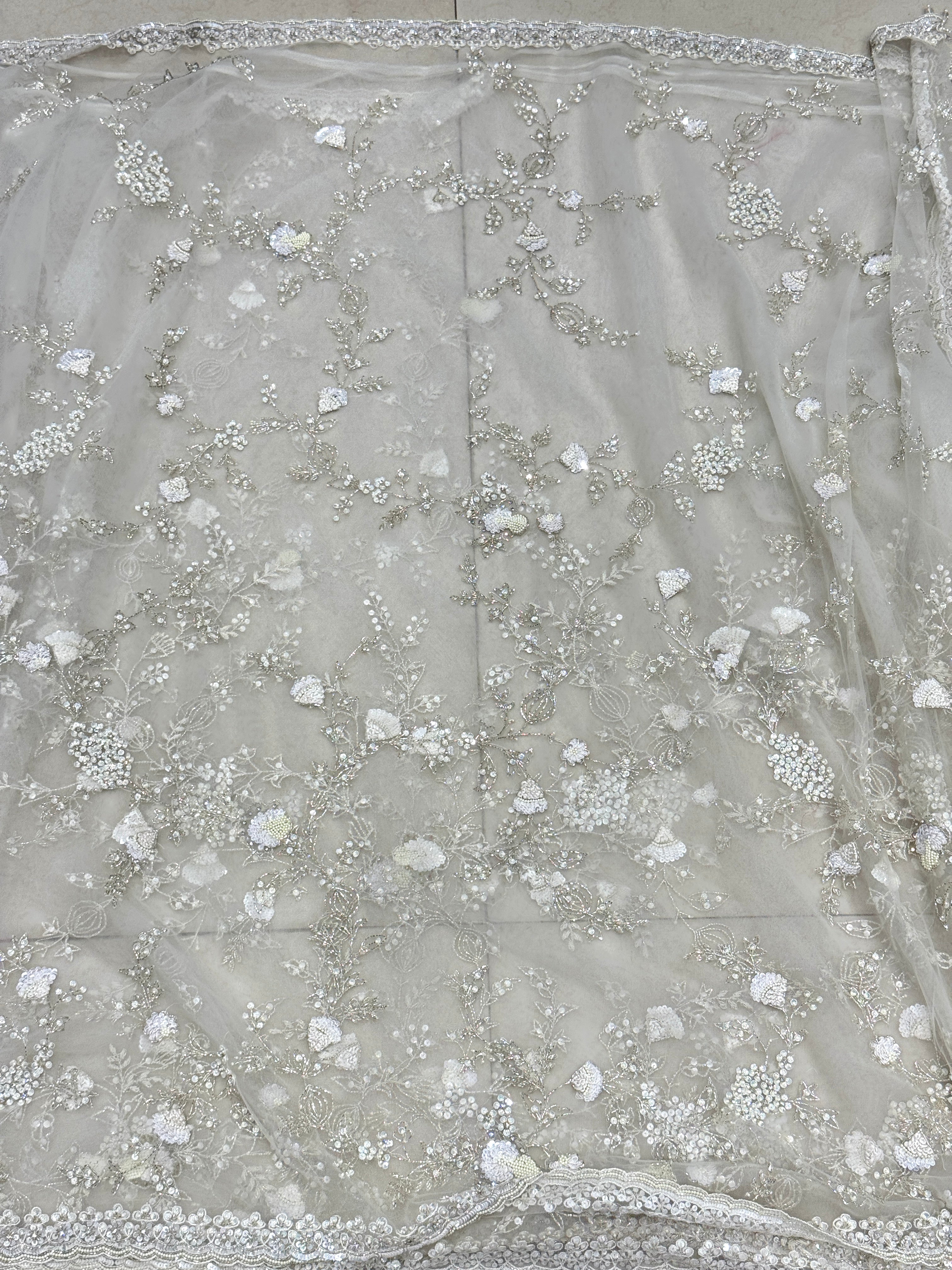 White Hand Embroidery Net Saree Sequin and Salli Embroidery