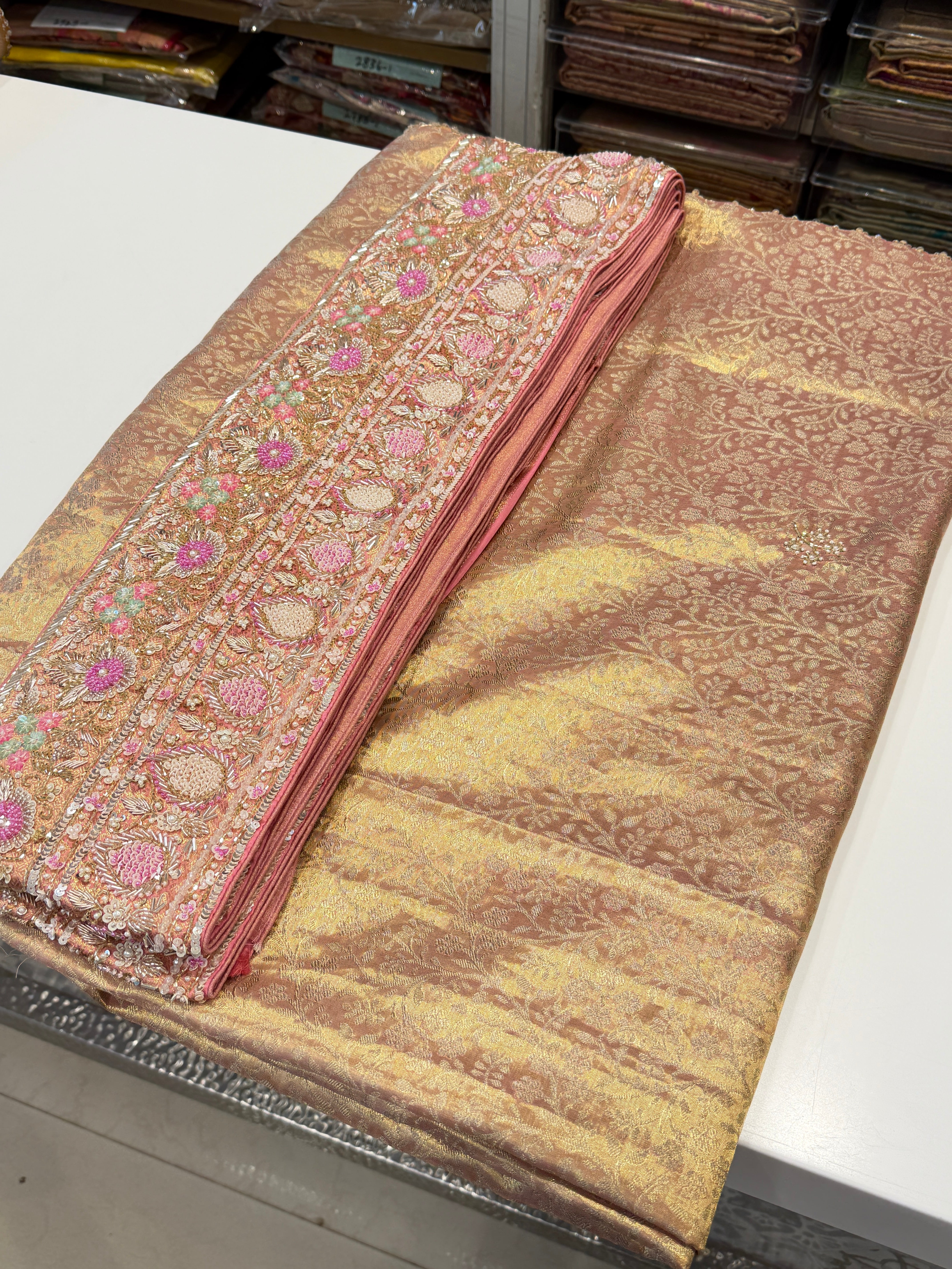 Golden Kanjivaram Moti Zardosi Hand Embroidery Saree